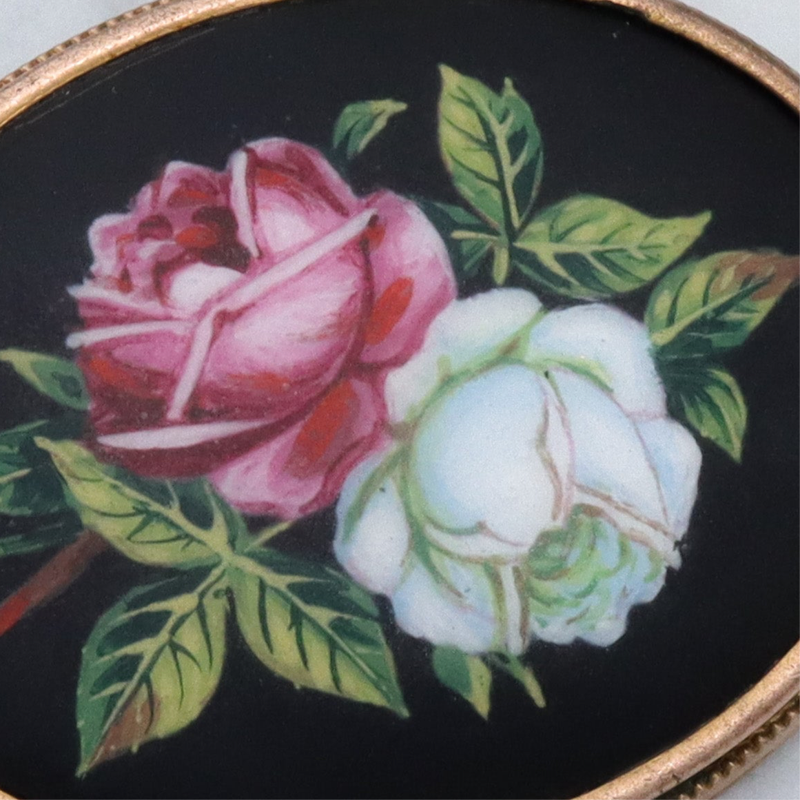 Antique Victorian hand painted roses porcelain pinchbeck brooch