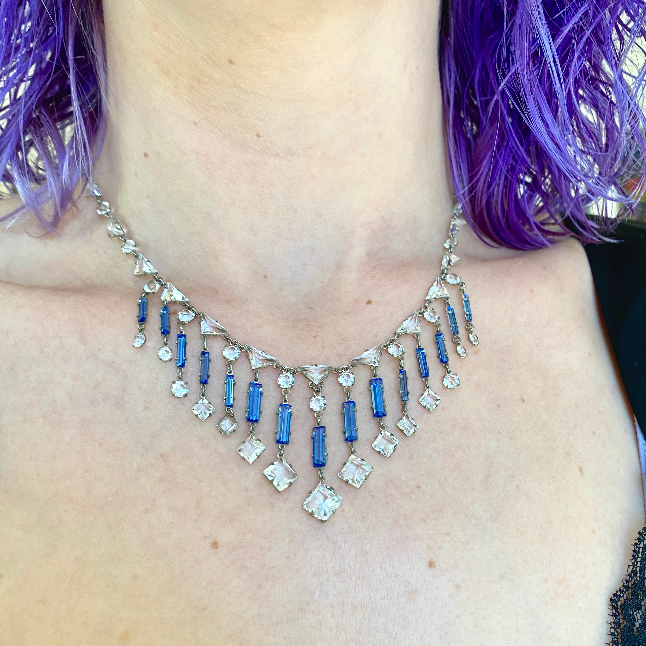 Antique Art Deco silver tone open back crystal chandelier necklace