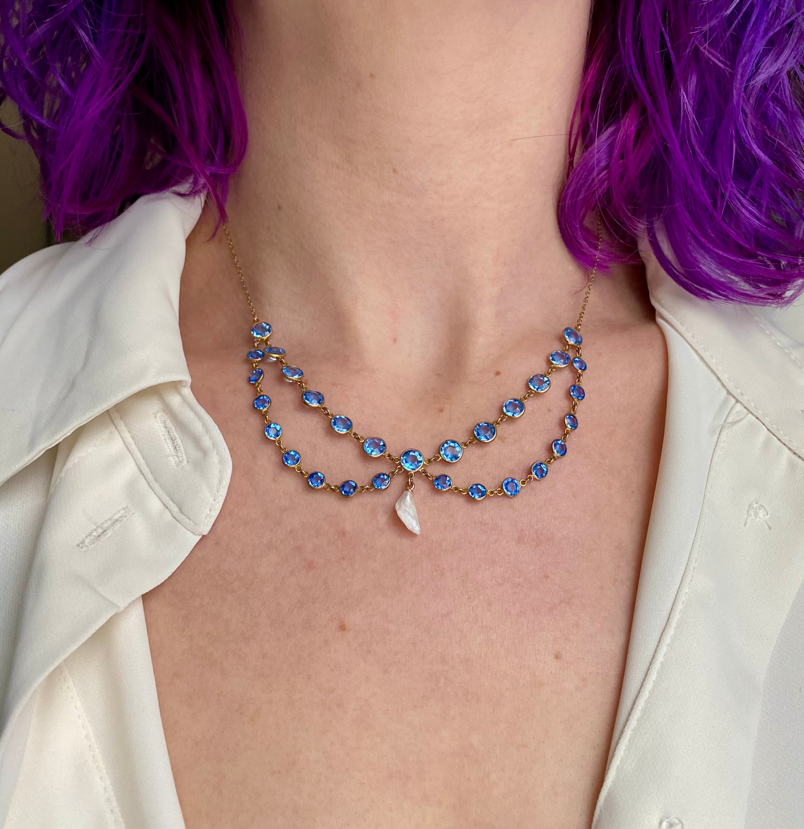 Antique Victorian gold filled blue paste & dogtooth pearl festoon necklace 16.5”