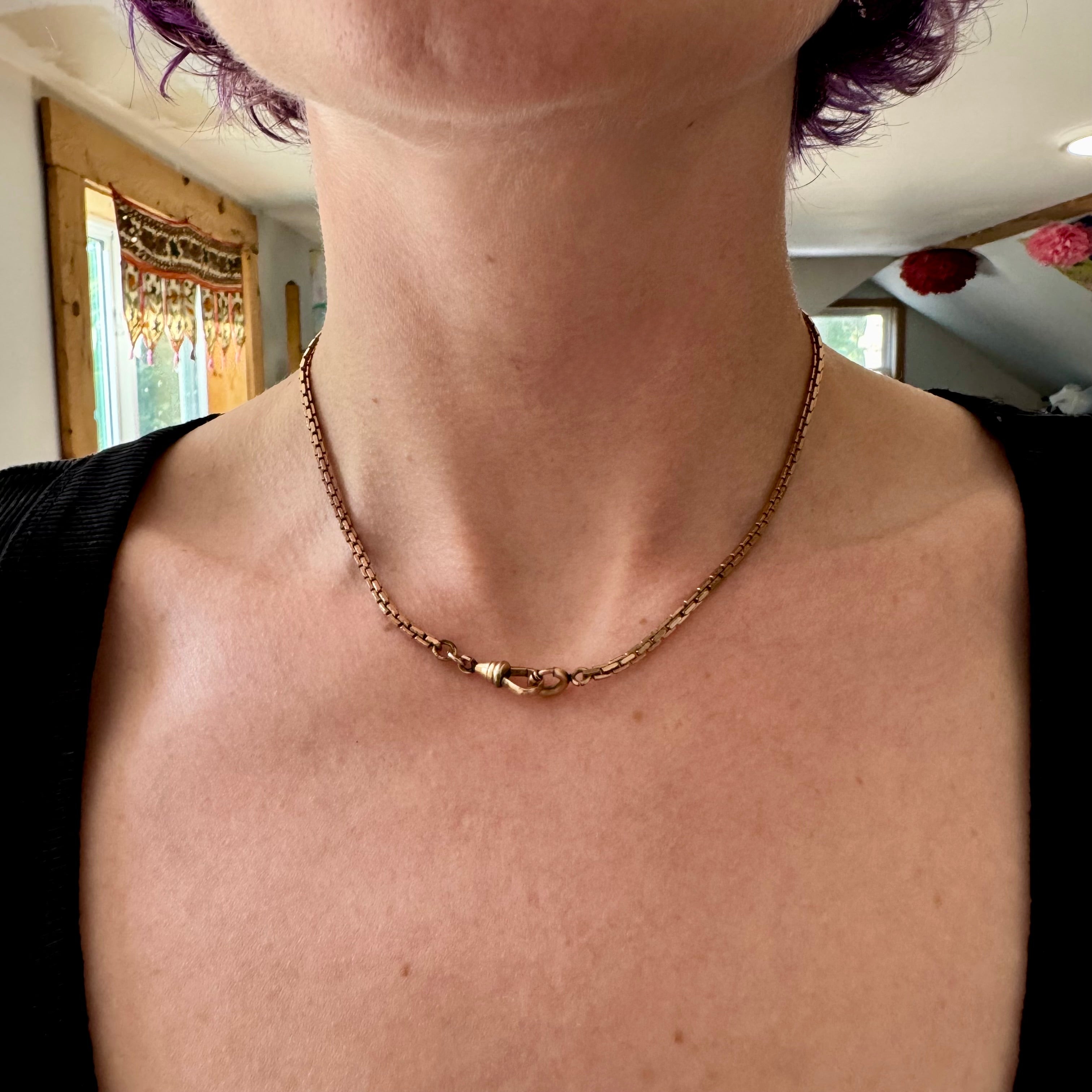 Antique Victorian gold filled flat square cable watch chain with dog clip necklace