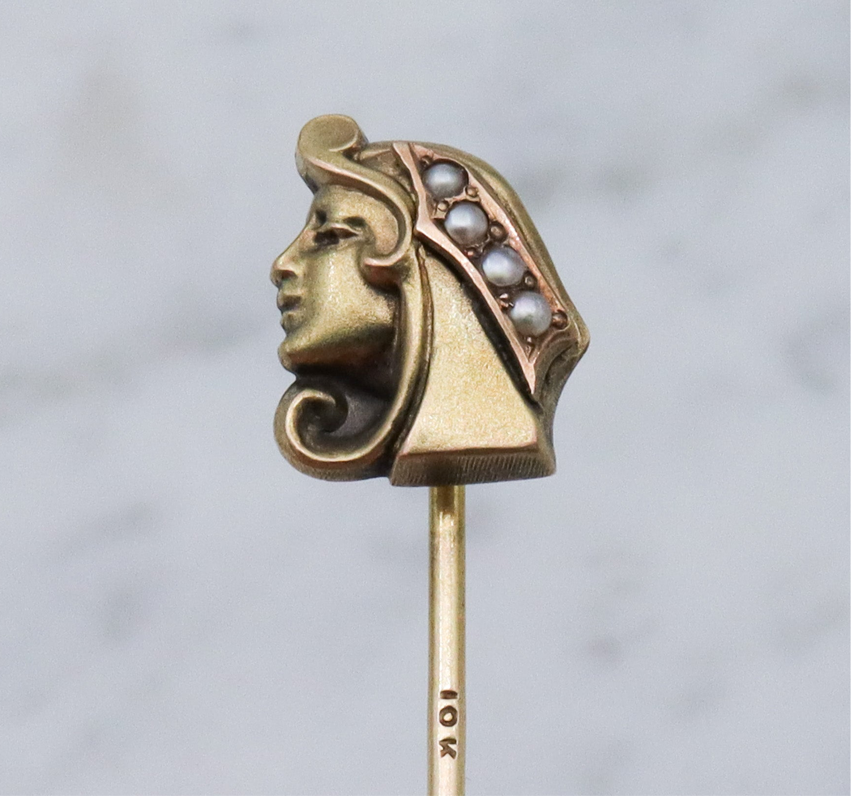 Antique Egyptian Revival goddess 10k gold stick pin
