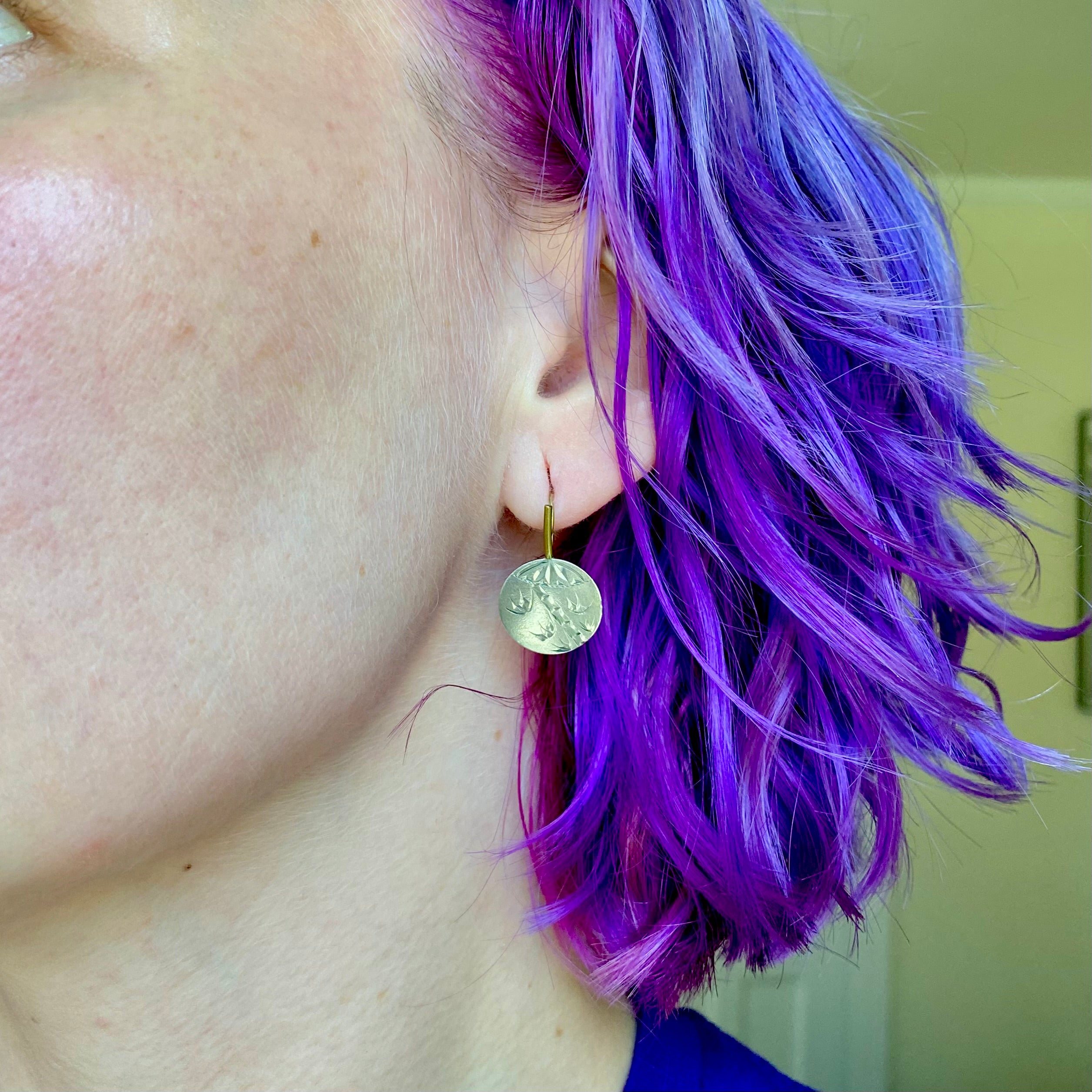 Antique Aesthetic Period hand engraved sterling and brass chinoiserie fan hook earrings