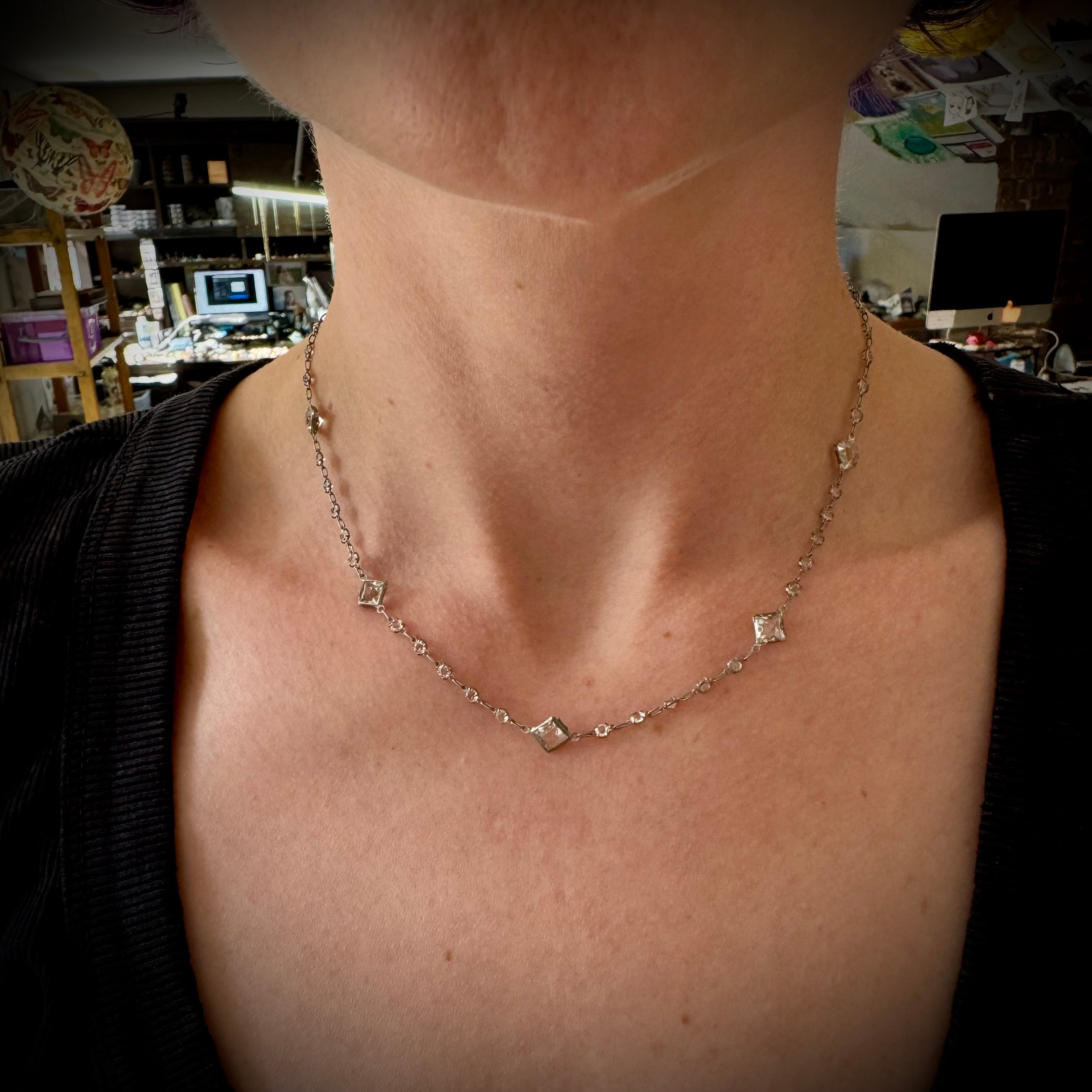 Antique Art Deco Platinon block crystal fancy prong set necklace