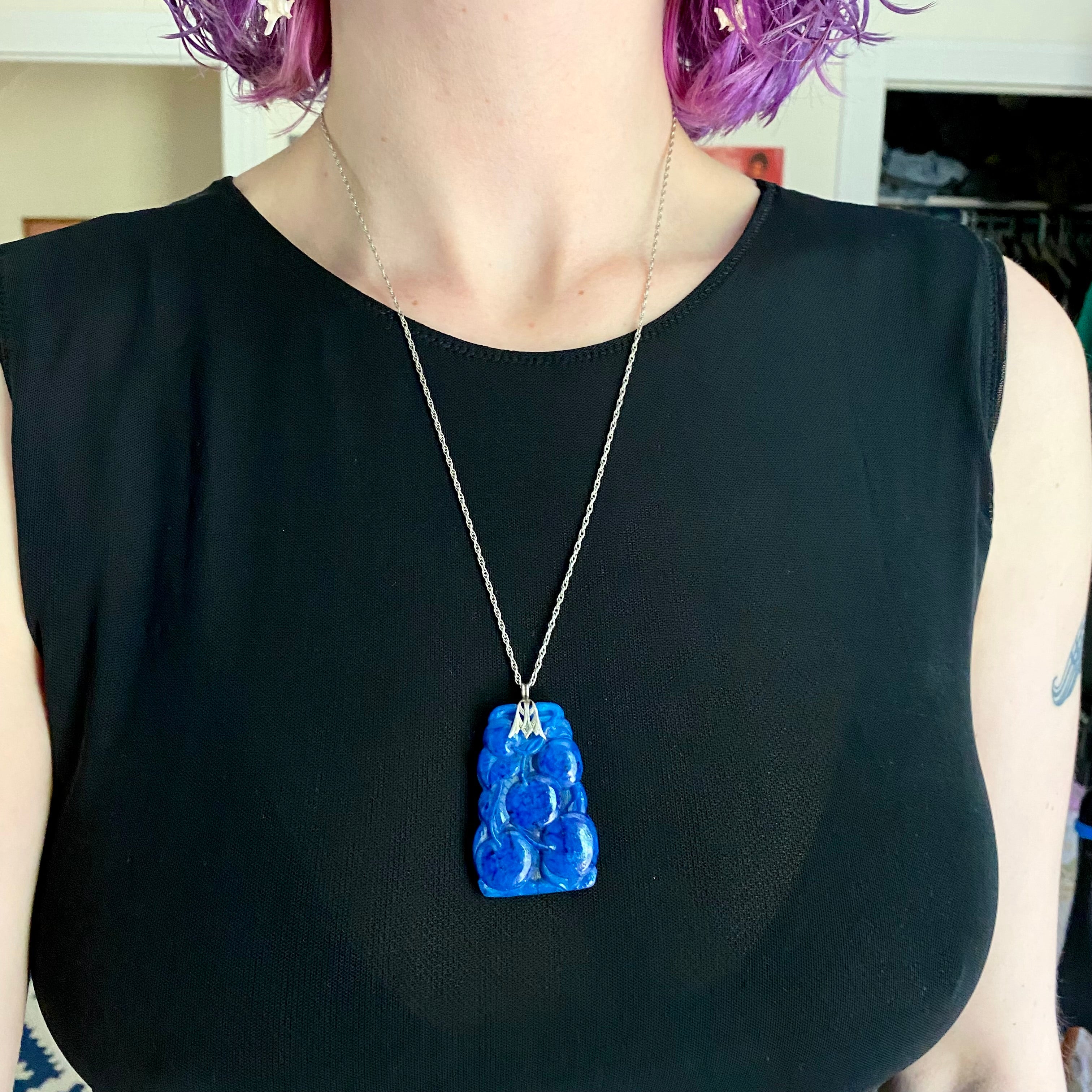 Large Antique Art Deco carved lapis art glass pendant necklace