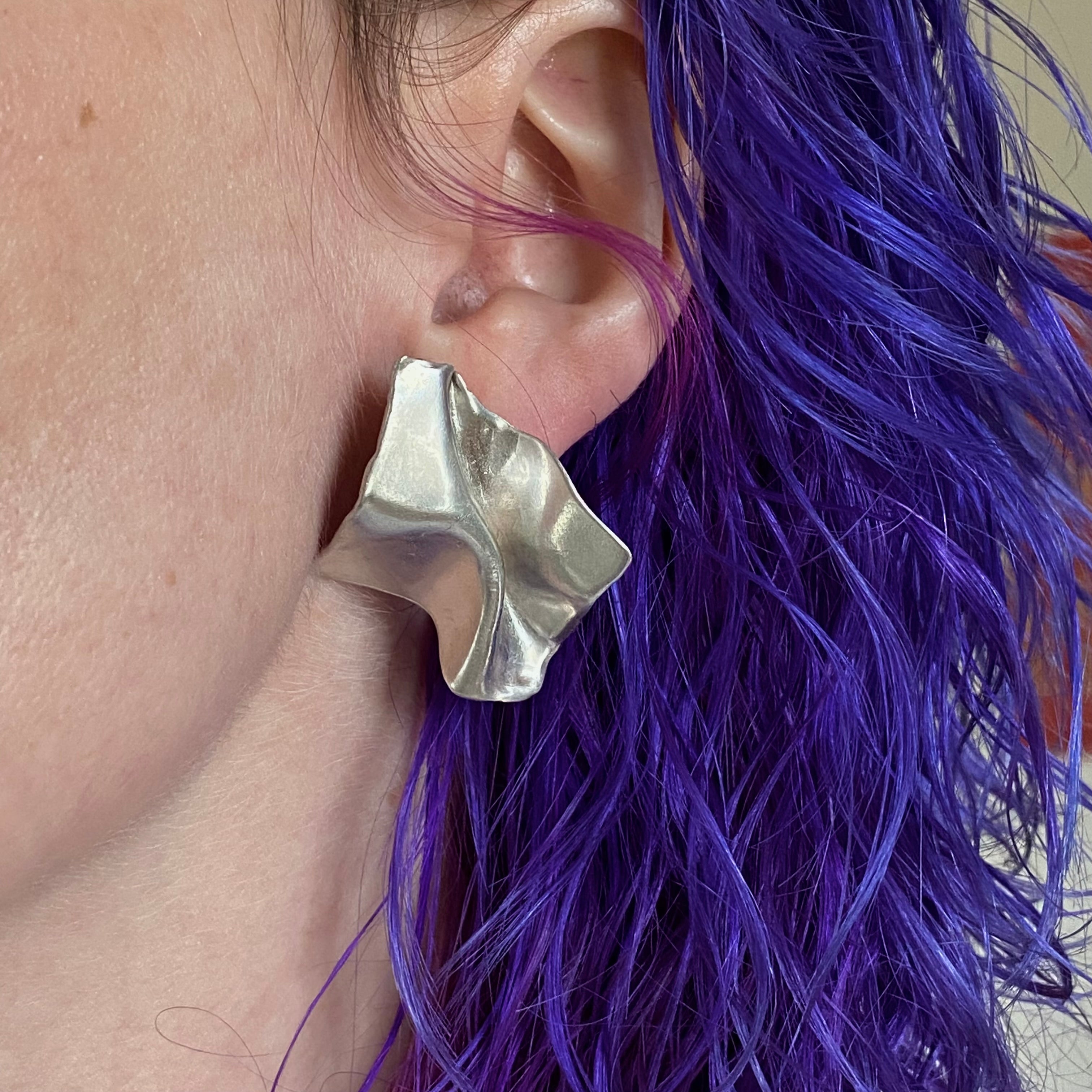 Vintage Modernist handmade sterling trompe l'oeil earrings with 14k gold posts