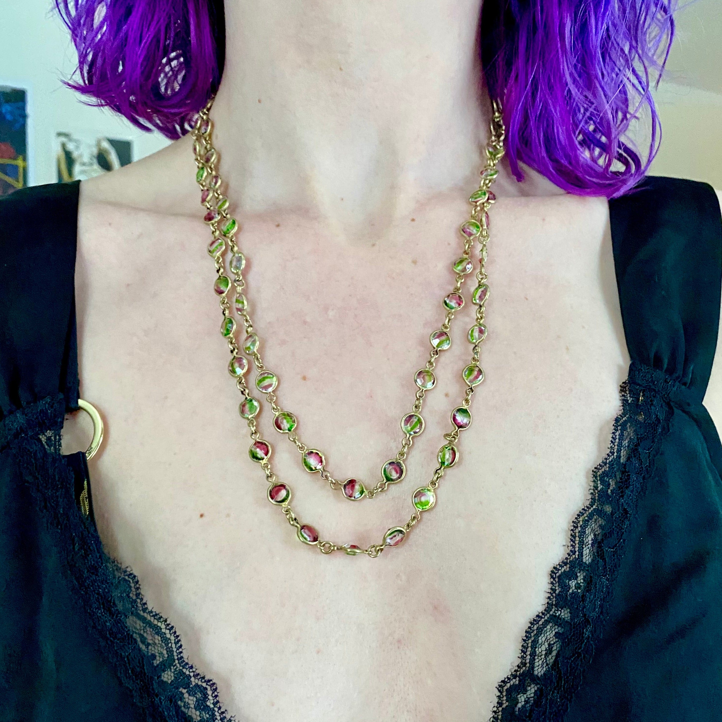 Vintage Austrian watermelon crystal bezel set brass necklace, 46”