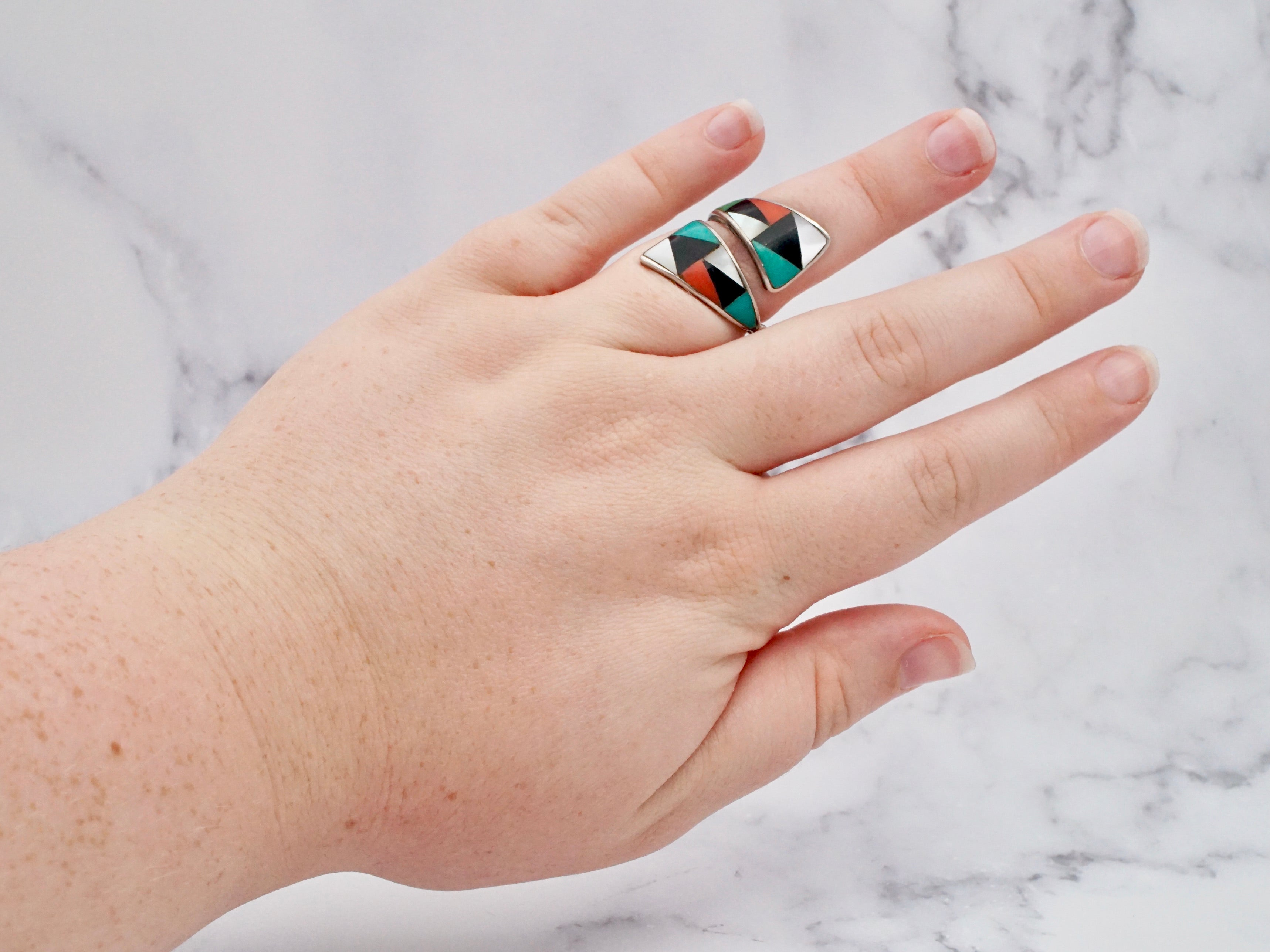 Vintage Zuni stone inlay sterling wrap ring, size 8