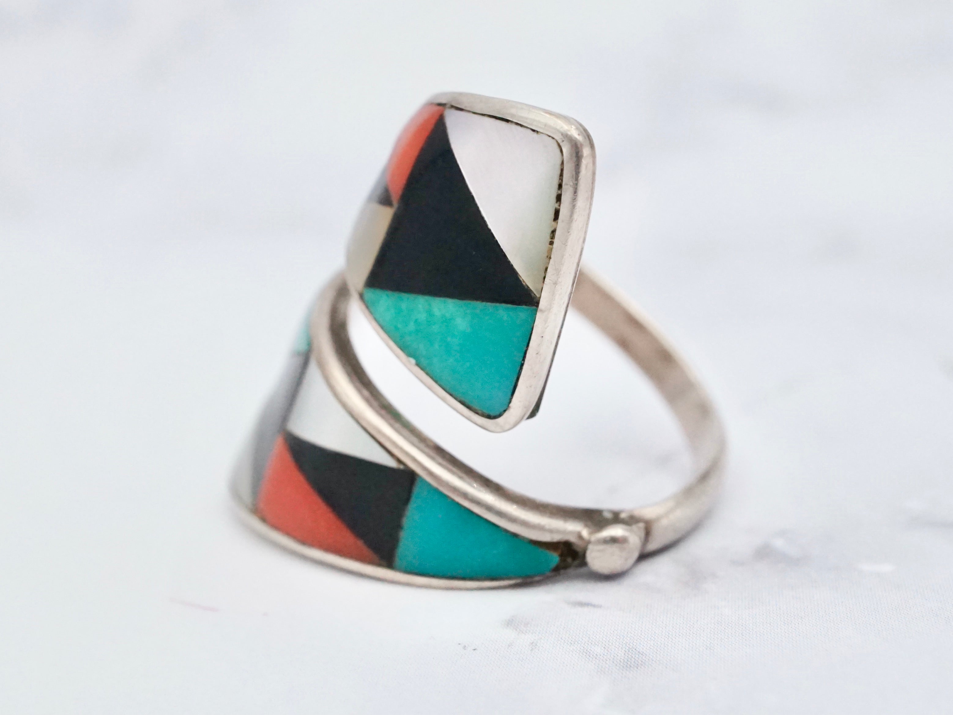 Vintage Zuni stone inlay sterling wrap ring, size 8
