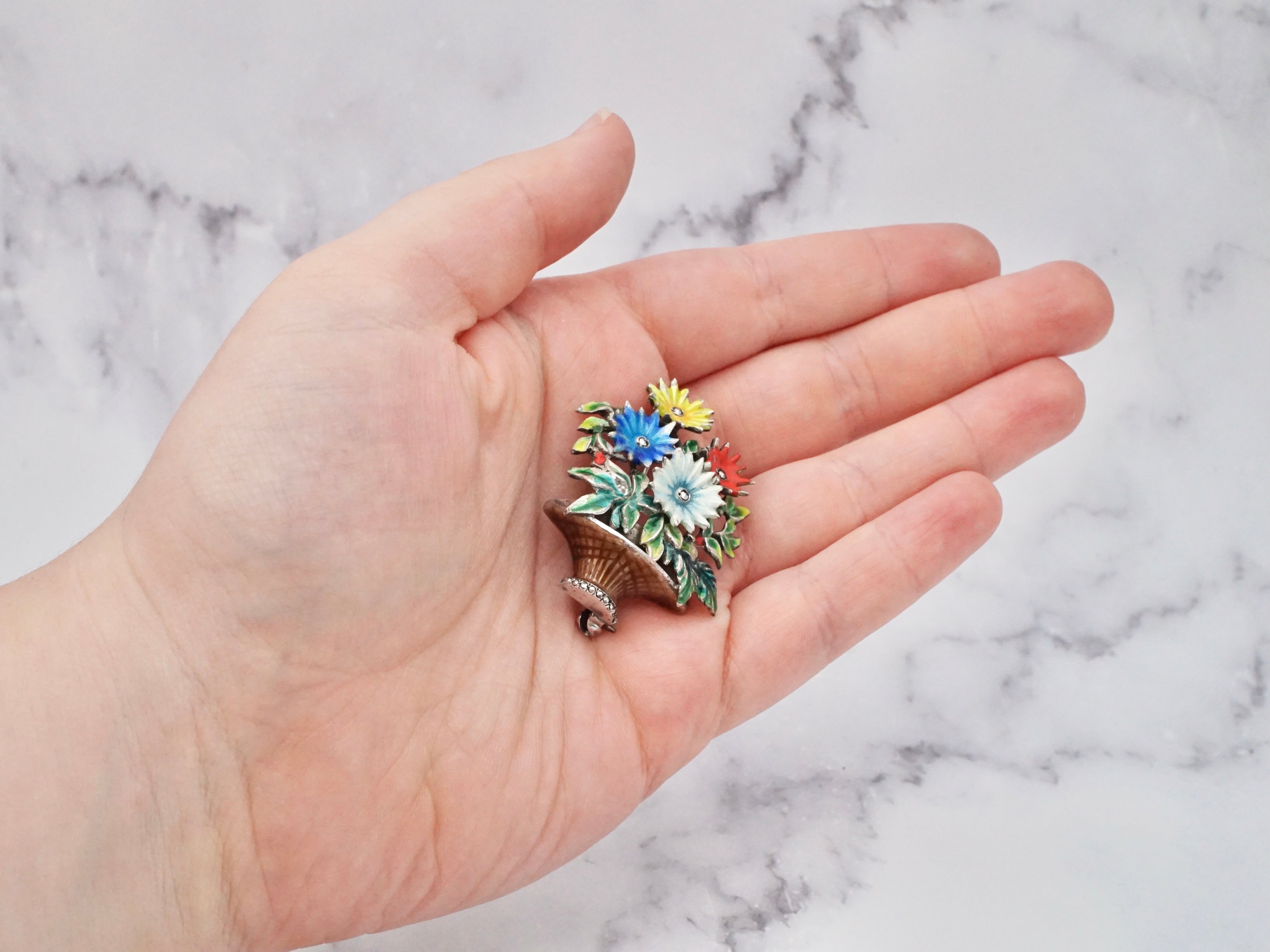 Antique German sterling, enamel, & marcasite Maison Behar Co. floral brooch