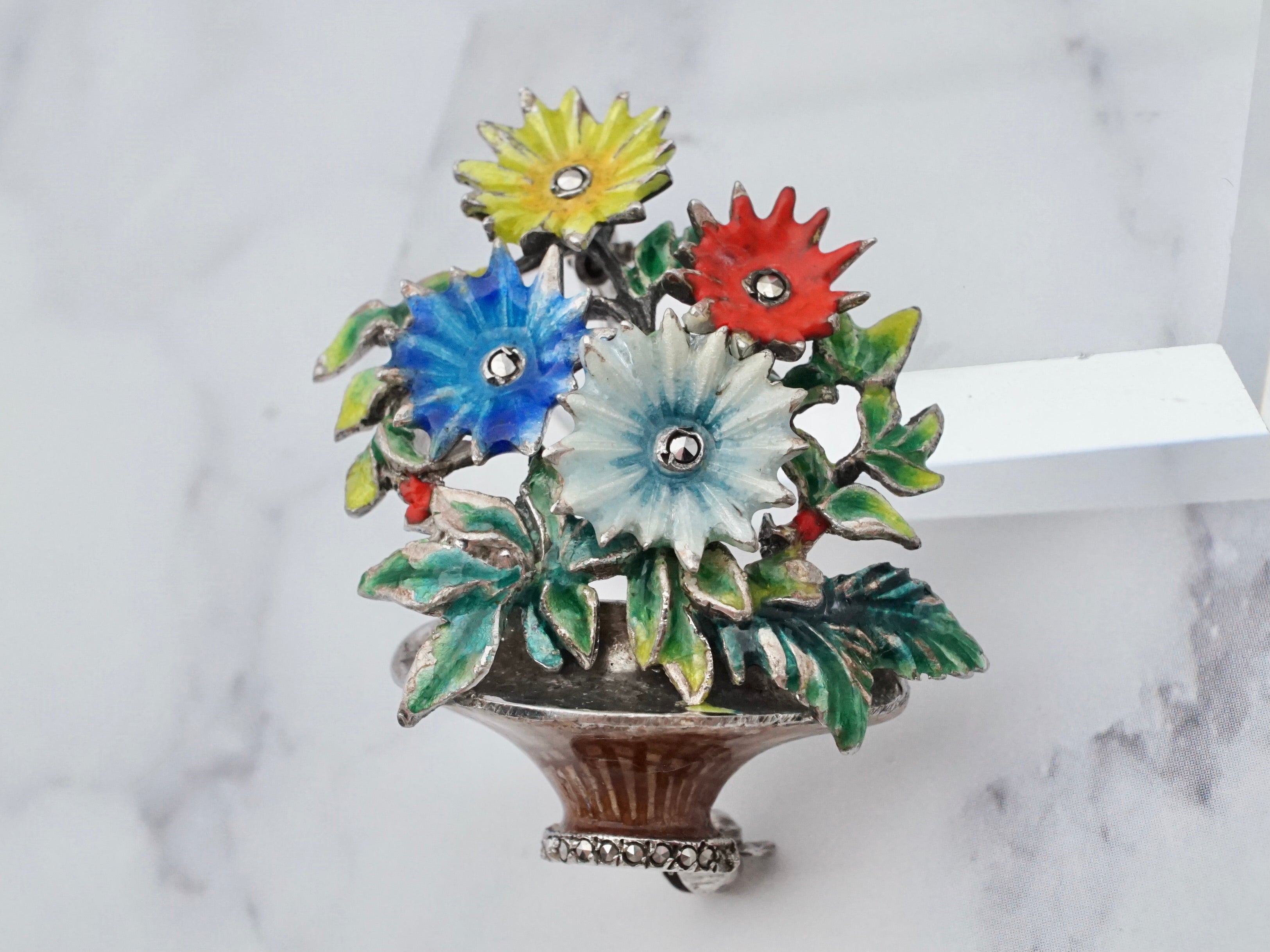Antique German sterling, enamel, & marcasite Maison Behar Co. floral brooch