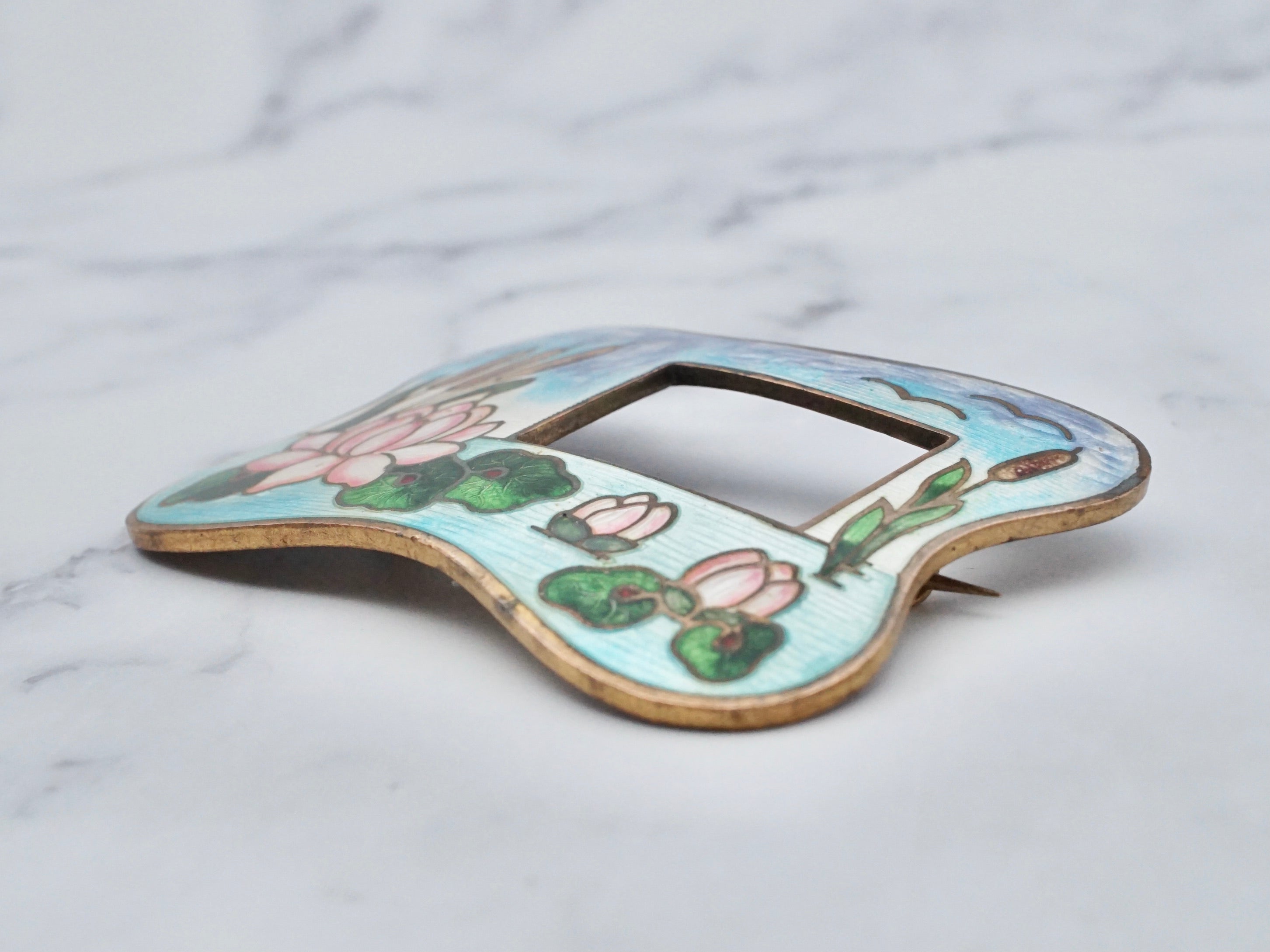 Large antique guilloche enamel & brass frame brooch