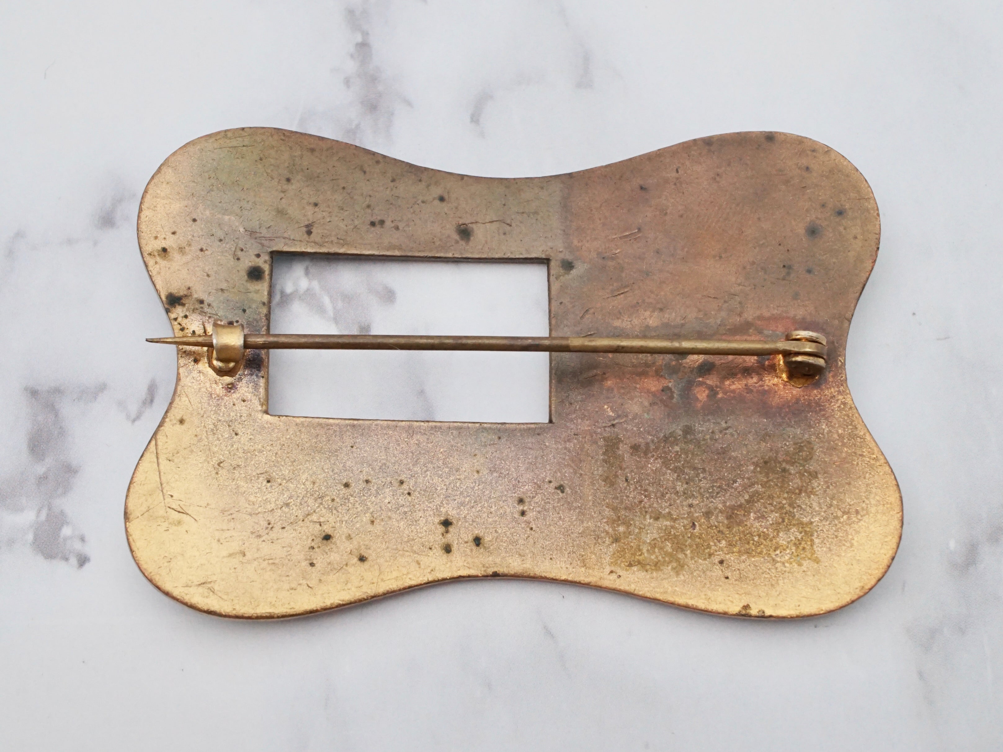 Large antique guilloche enamel & brass frame brooch