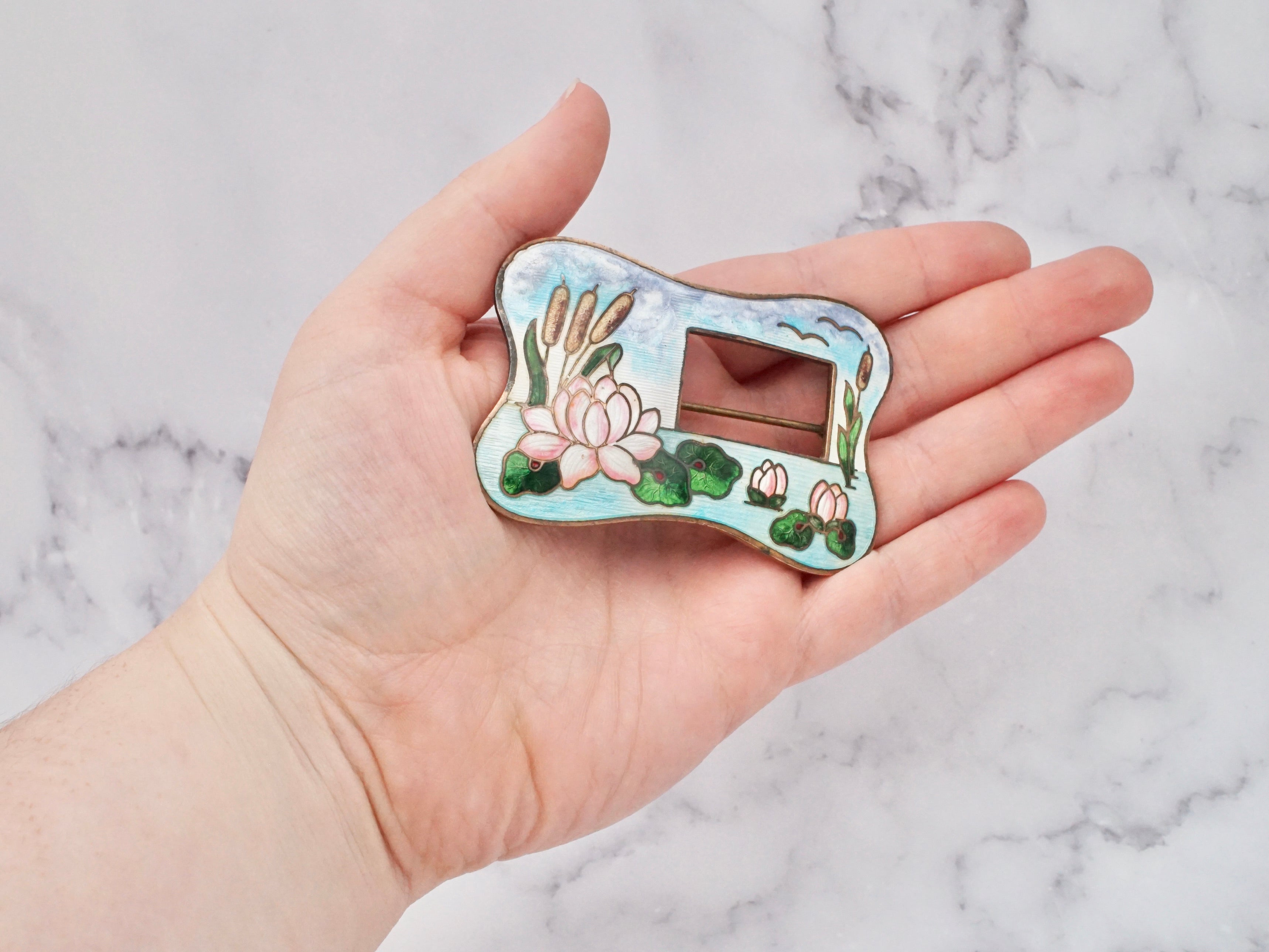 Large antique guilloche enamel & brass frame brooch