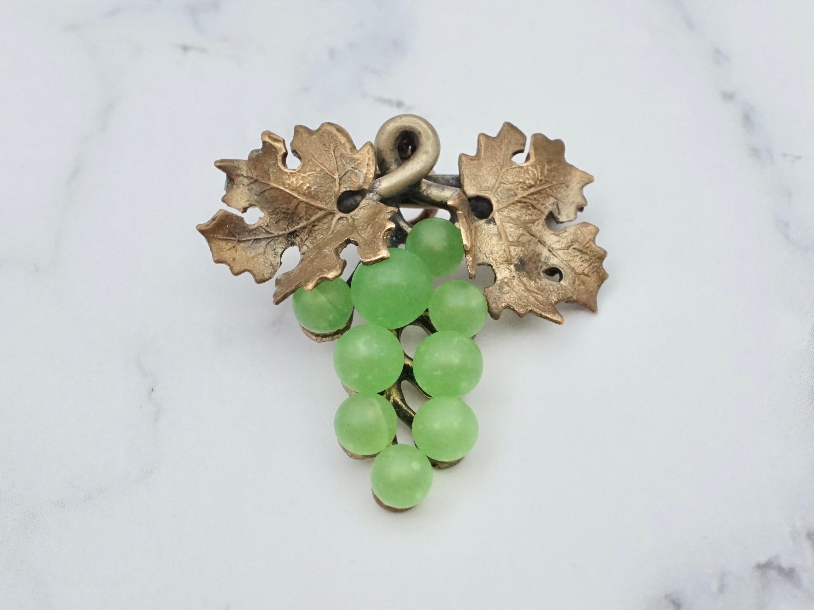 Antique Victorian green frosted glass grape bunch brass brooch/pendant