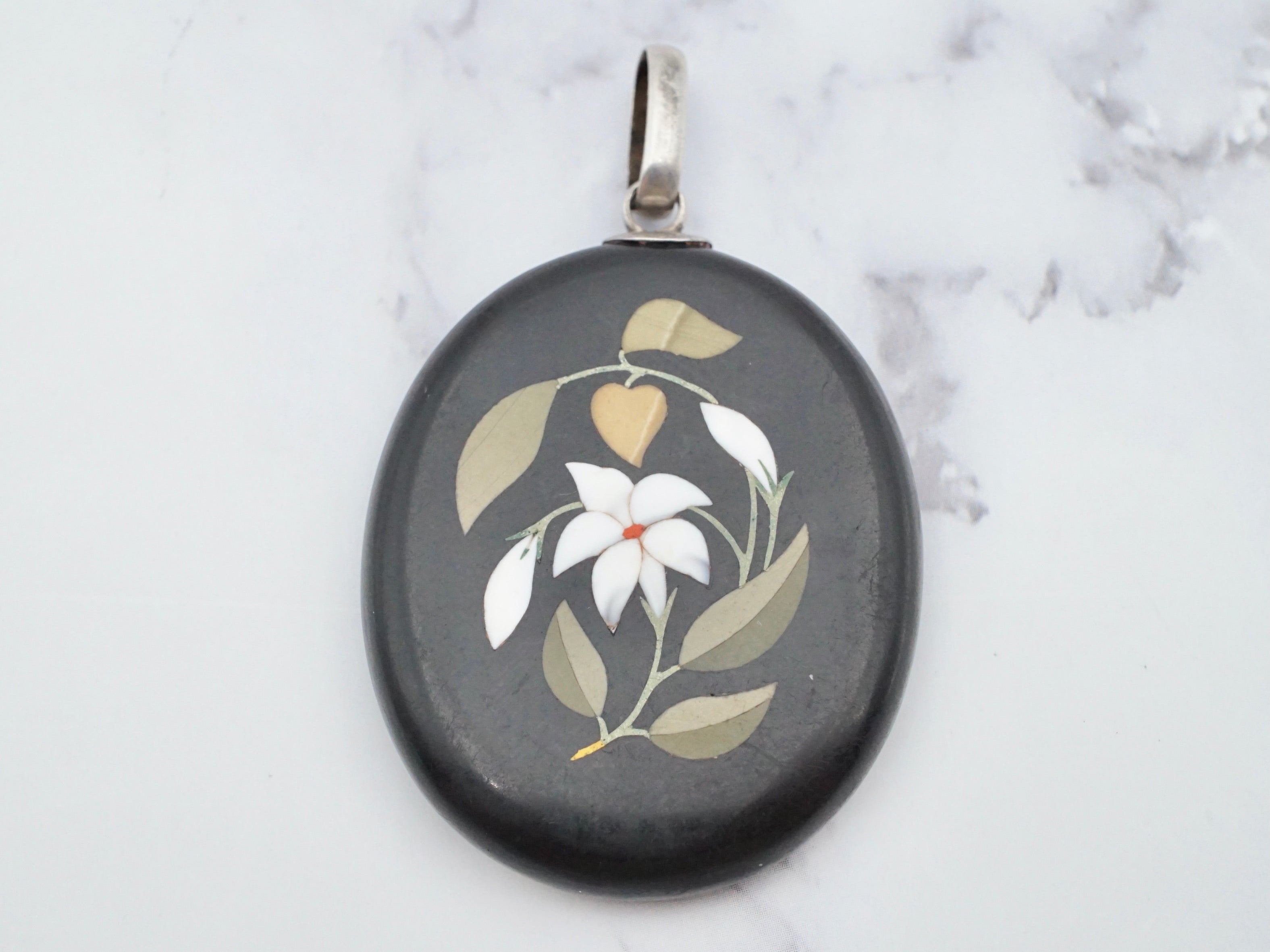 Antique Victorian sterling pietra dura lily stone inlay pendant