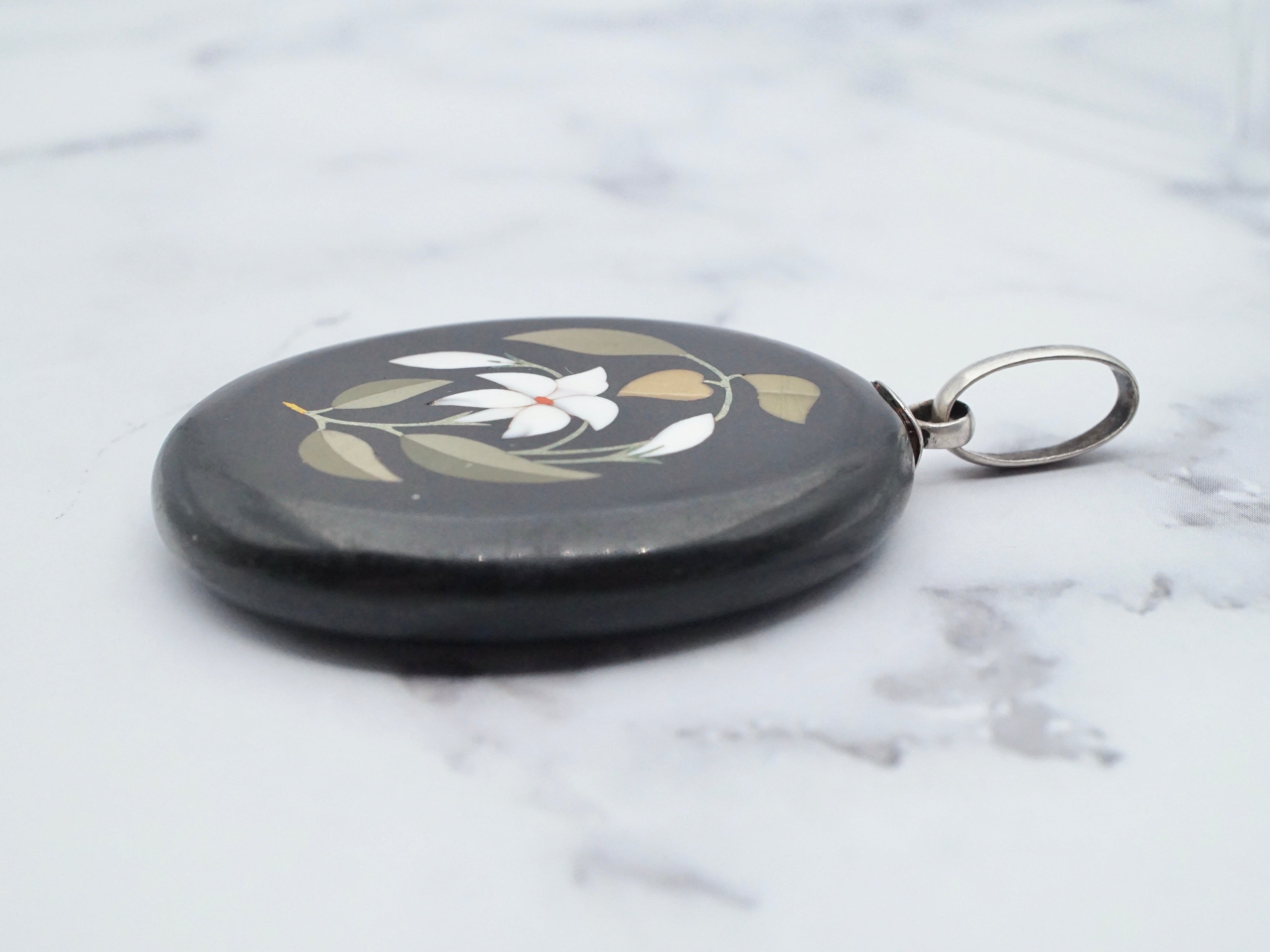 Antique Victorian sterling pietra dura lily stone inlay pendant