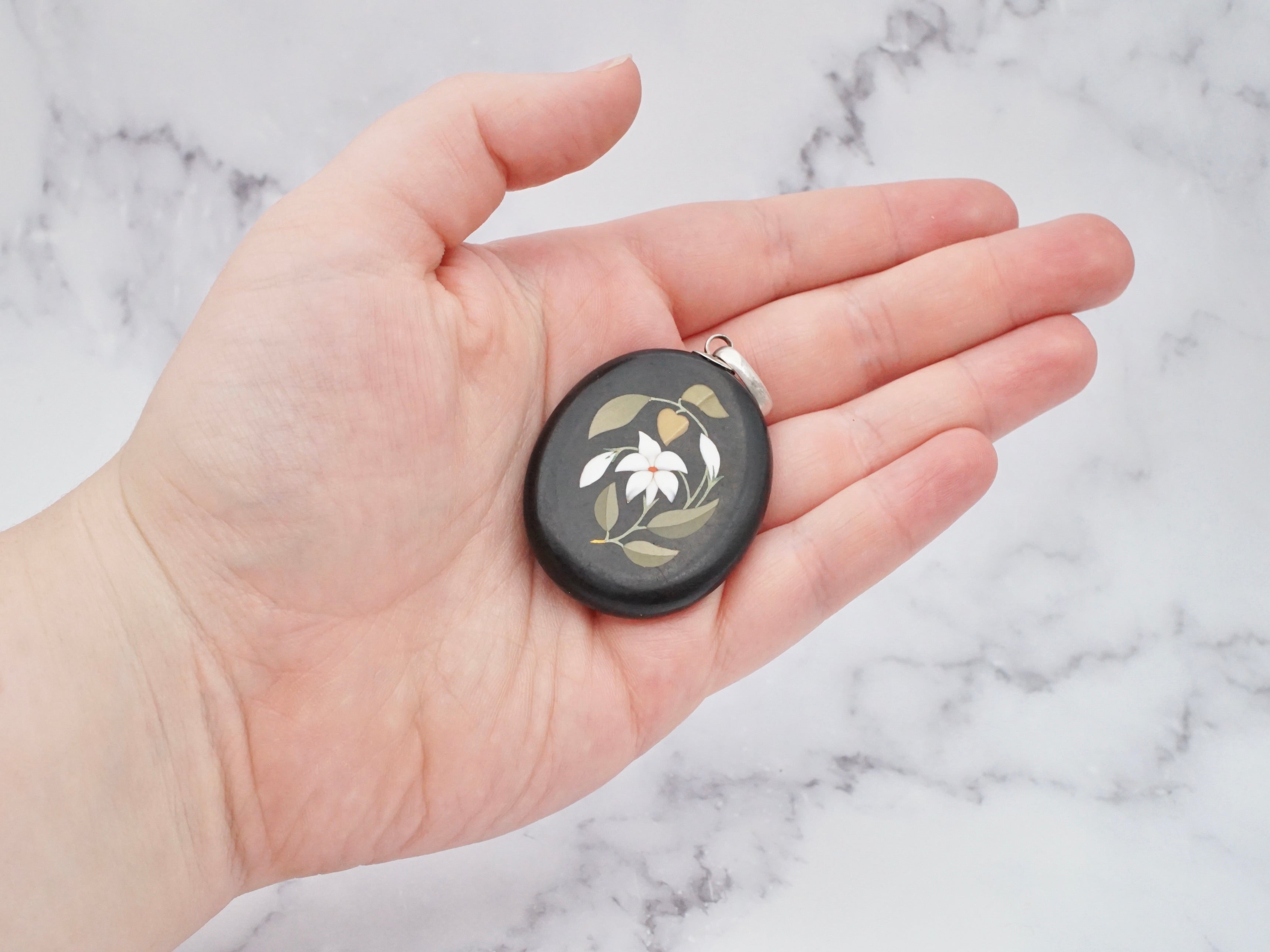 Antique Victorian sterling pietra dura lily stone inlay pendant