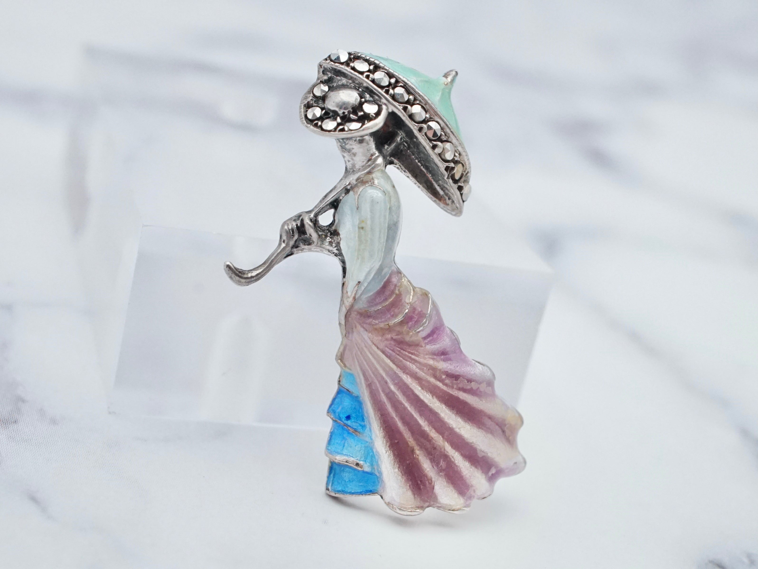 Antique sterling silver enamel and marcasite Victorian lady brooch