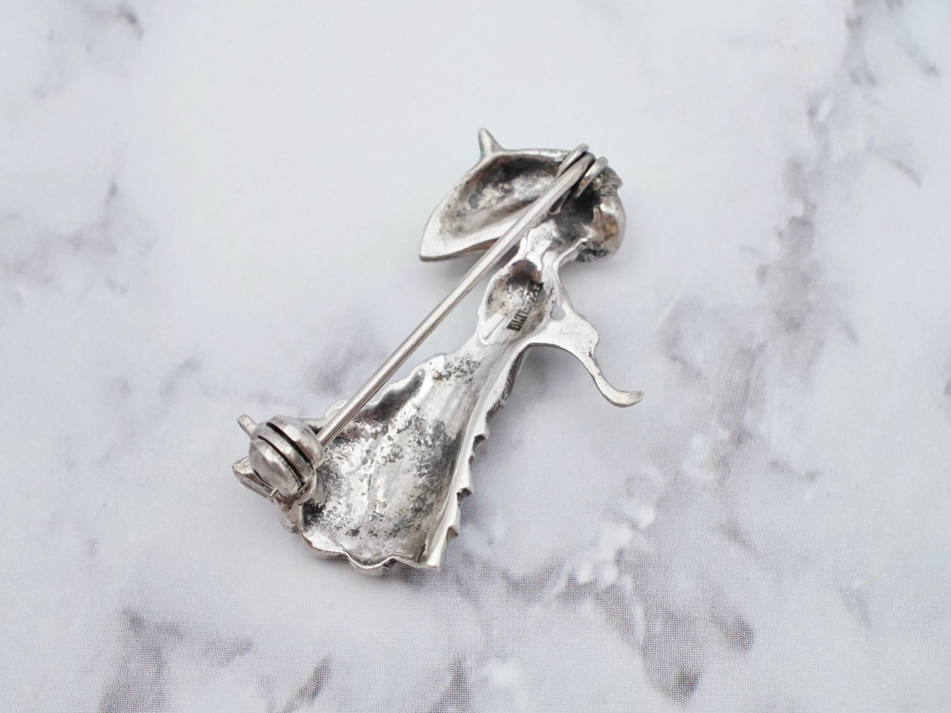 Antique sterling silver enamel and marcasite Victorian lady brooch