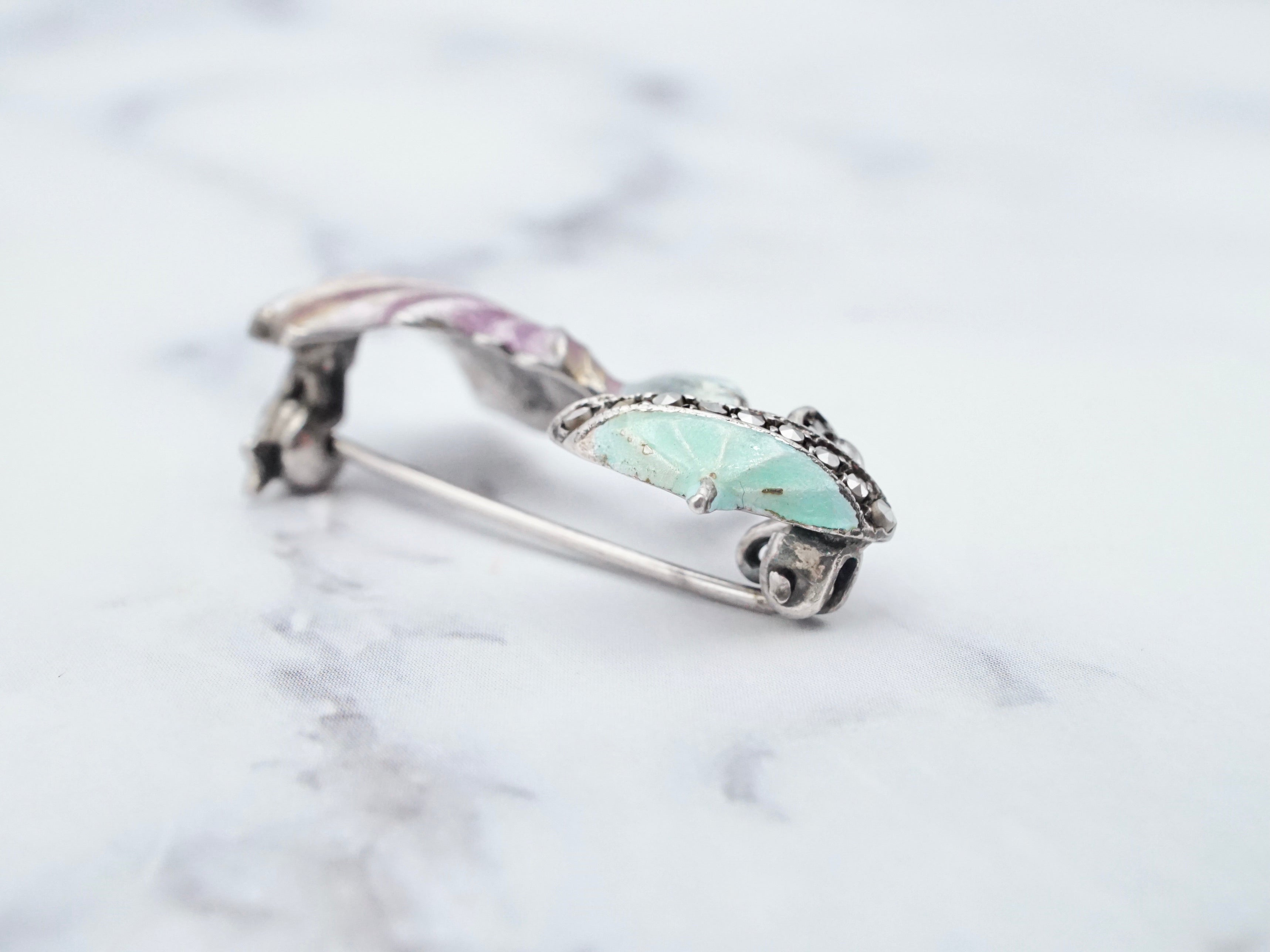 Antique sterling silver enamel and marcasite Victorian lady brooch