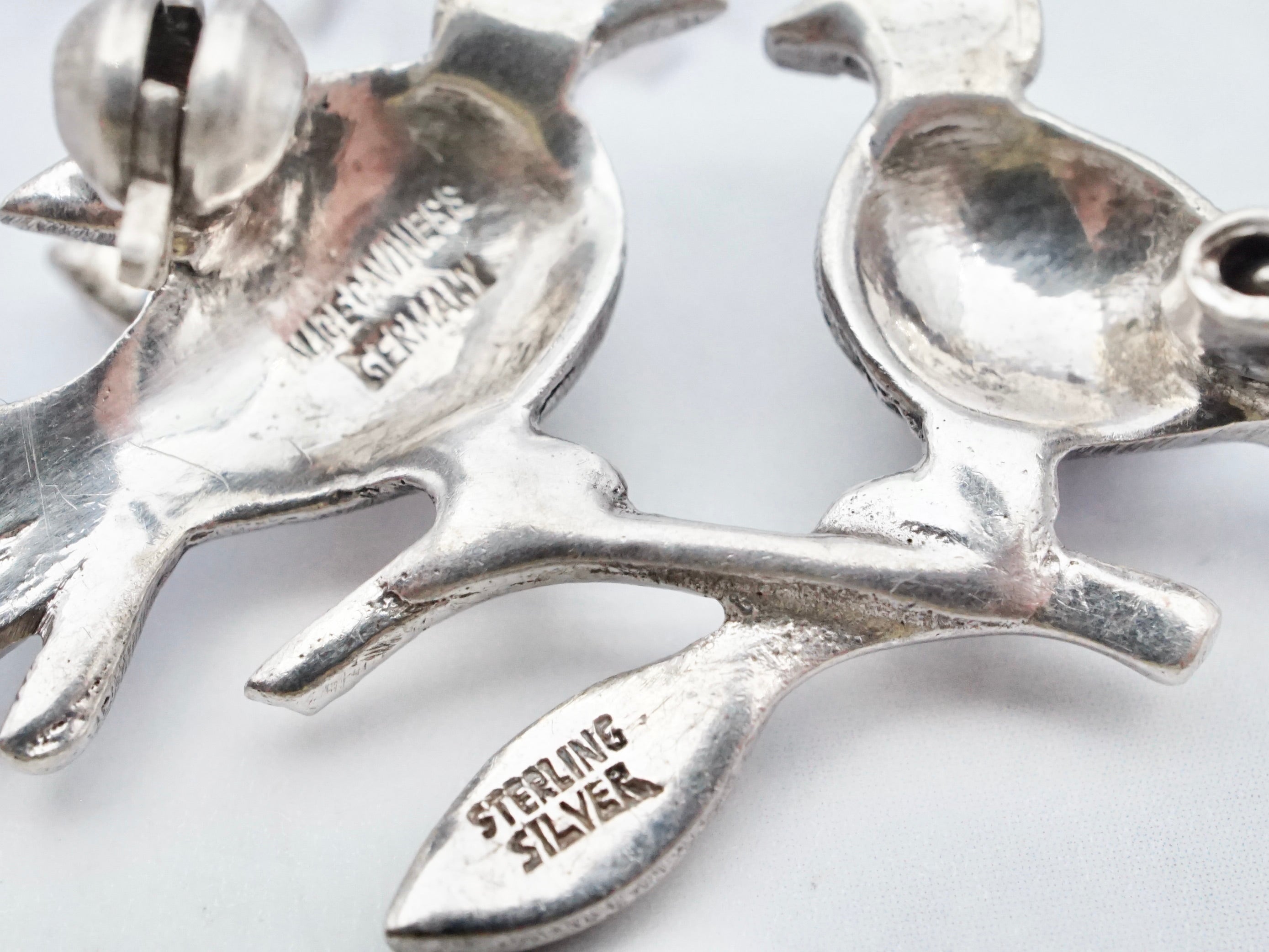 Vintage German sterling enamel and marcasite Alice Caviness lovebird brooch