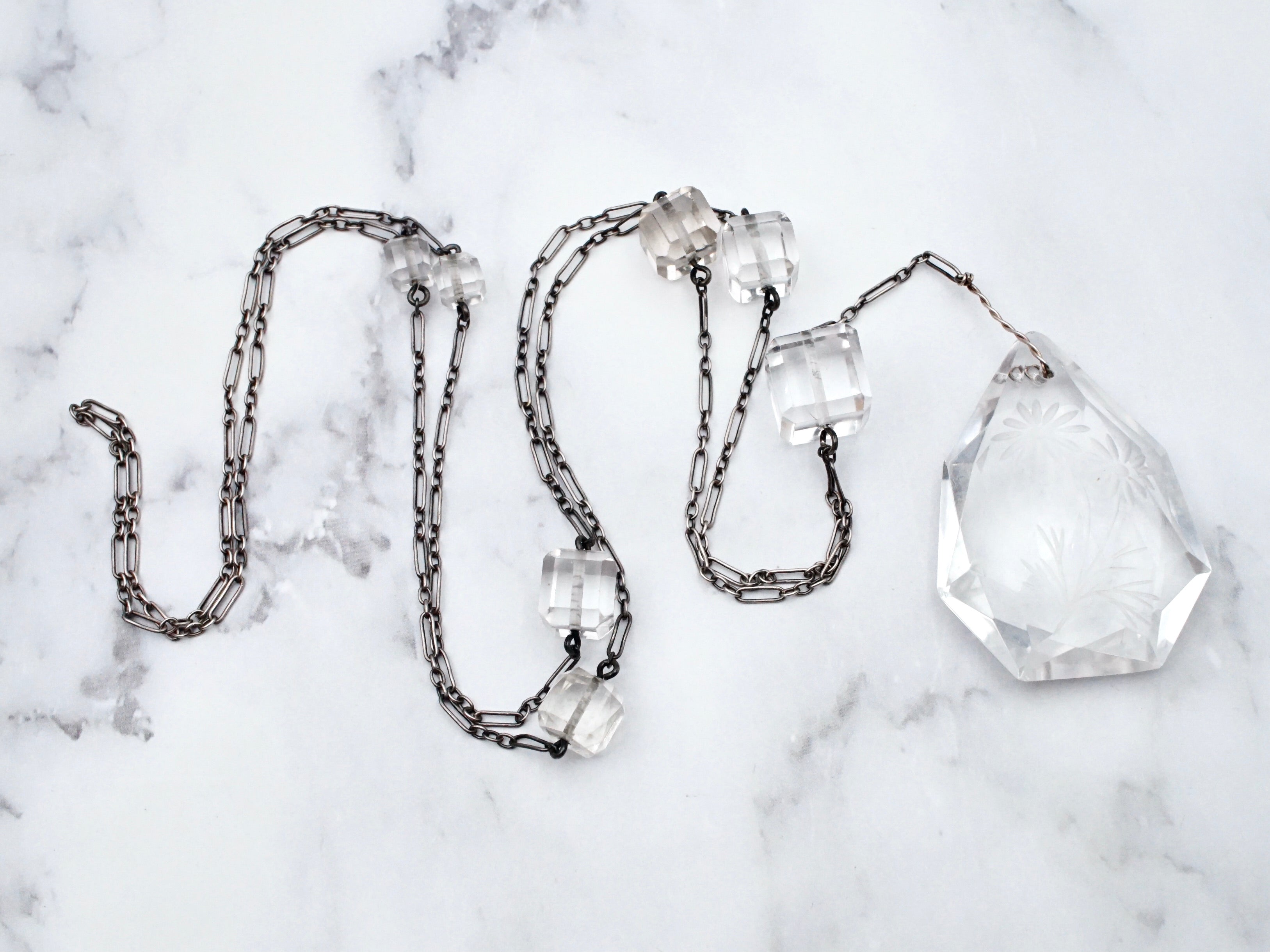 Exceptional Antique Art Deco sterling & carved rock crystal block bead and teardrop necklace