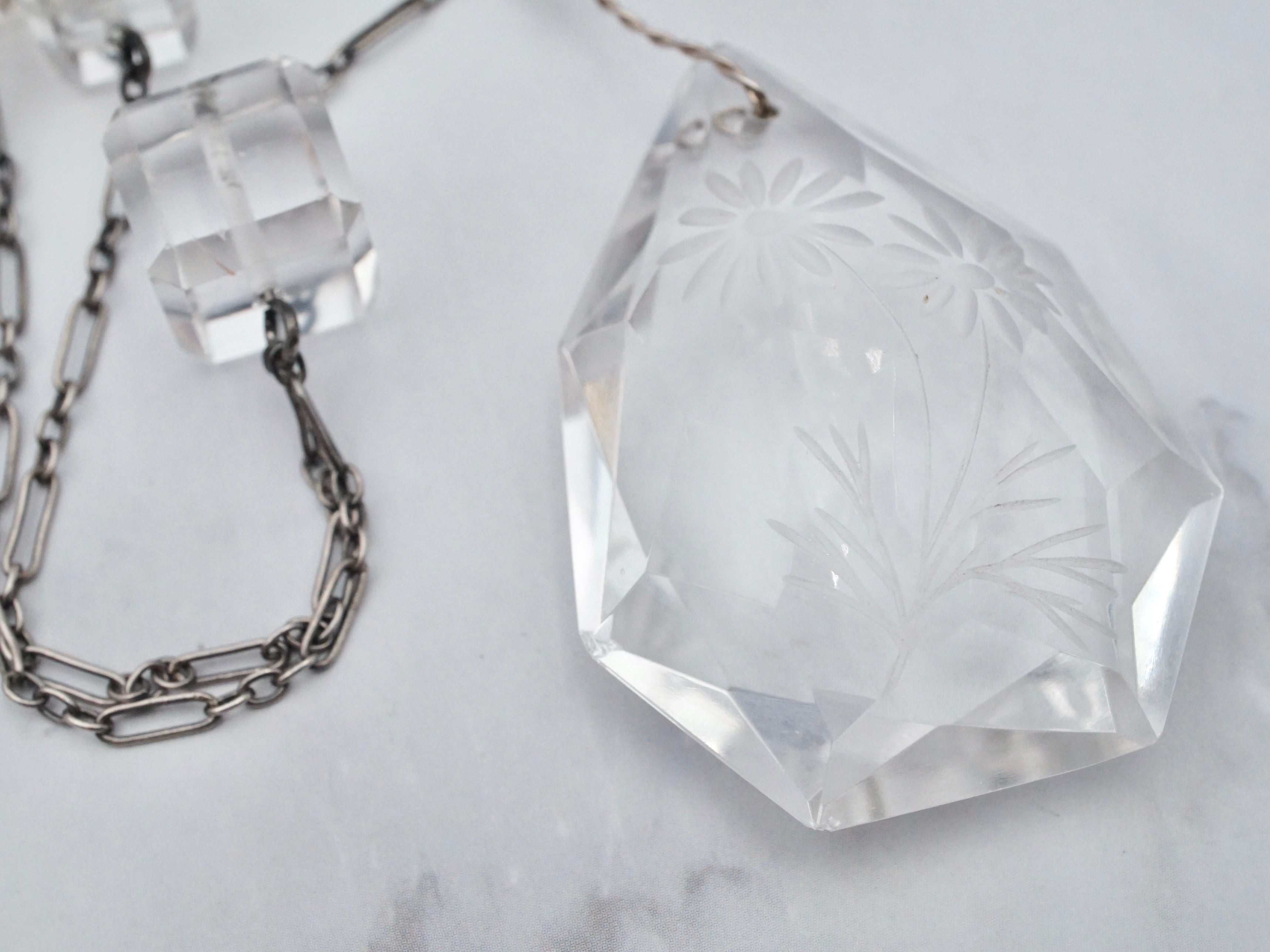 Exceptional Antique Art Deco sterling & carved rock crystal block bead and teardrop necklace