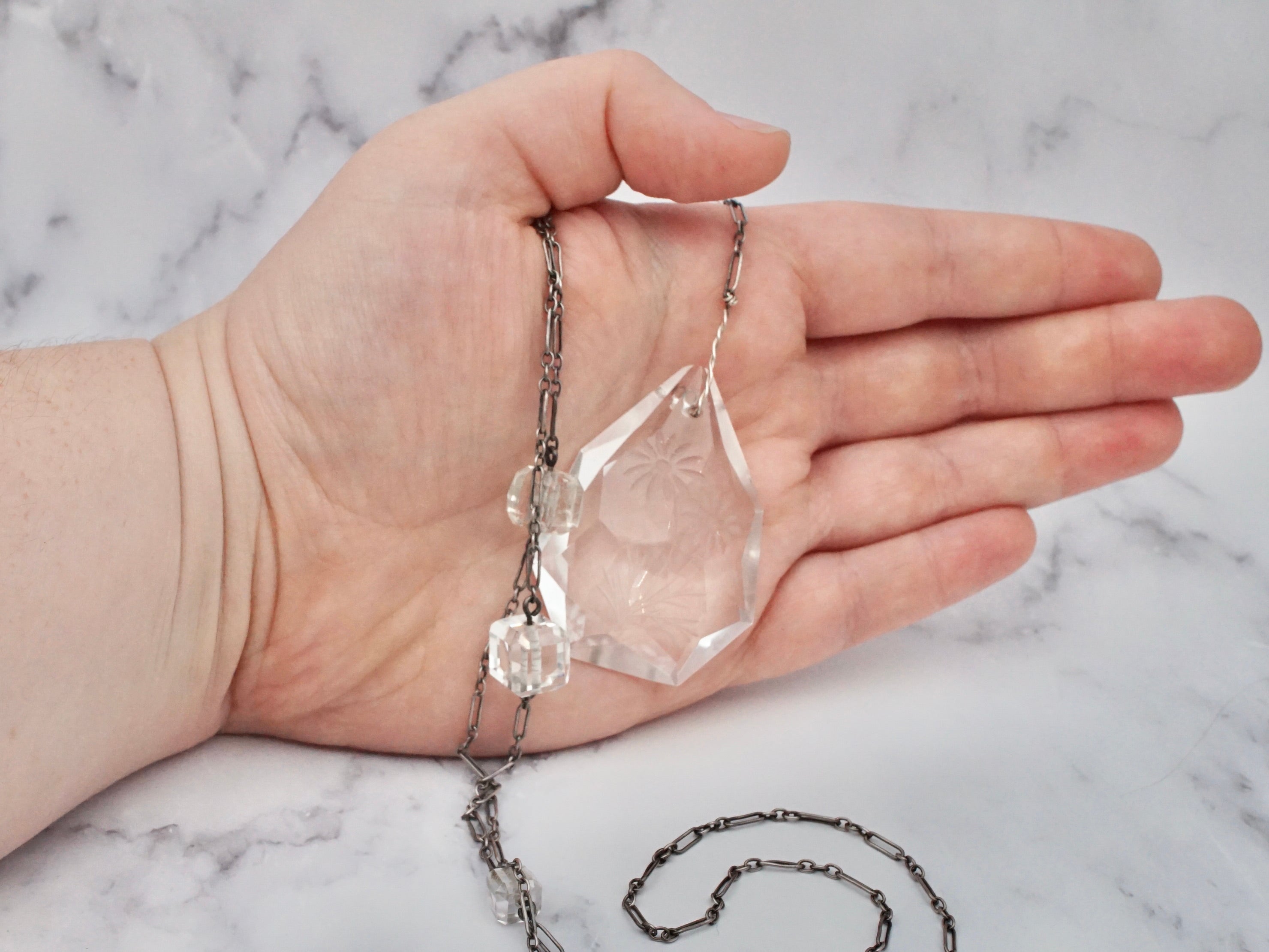 Exceptional Antique Art Deco sterling & carved rock crystal block bead and teardrop necklace