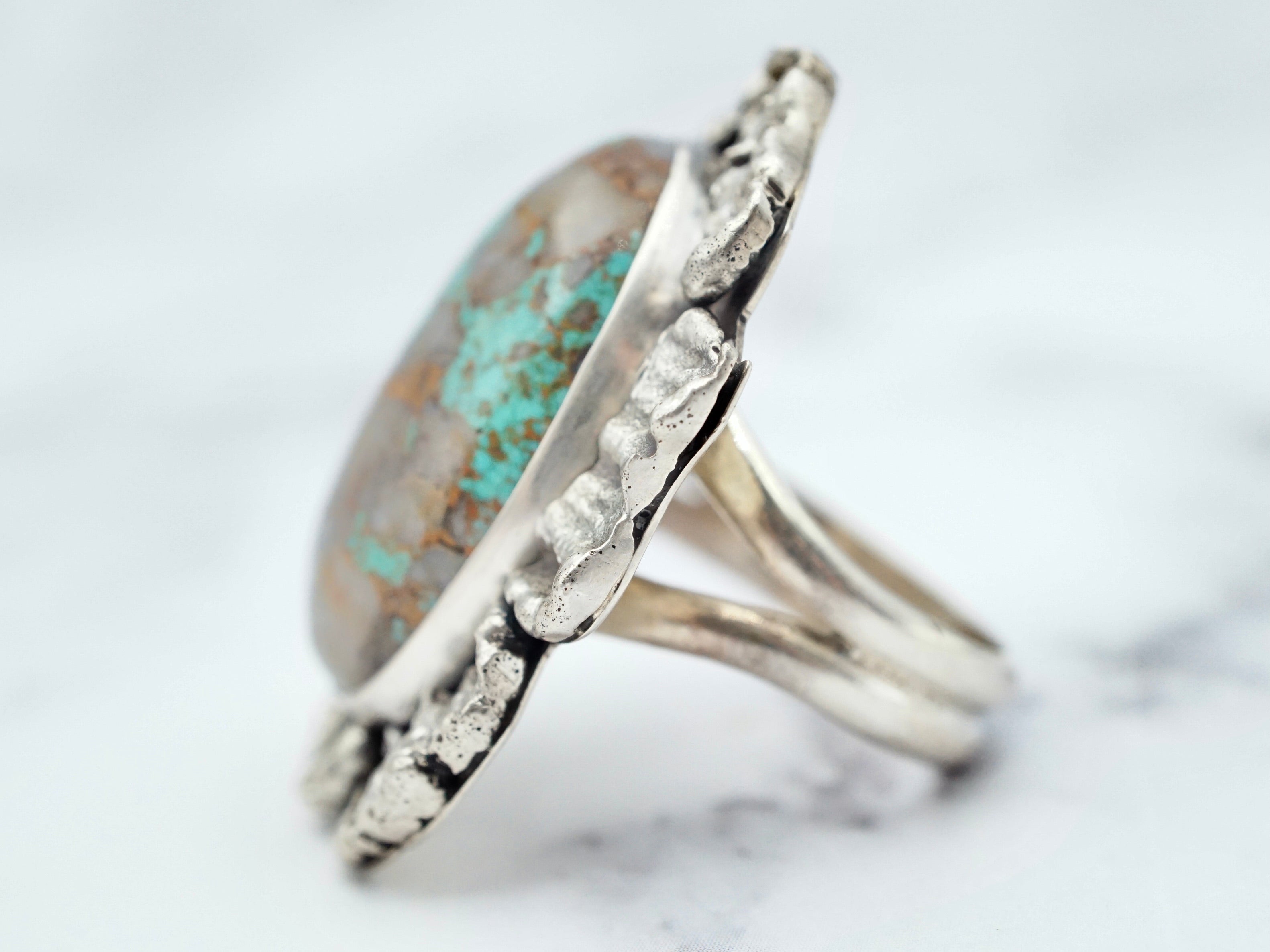 Vintage Navajo Brutalist sterling and green turquoise with quartz inclusions ring by Ronald Tom, size 8