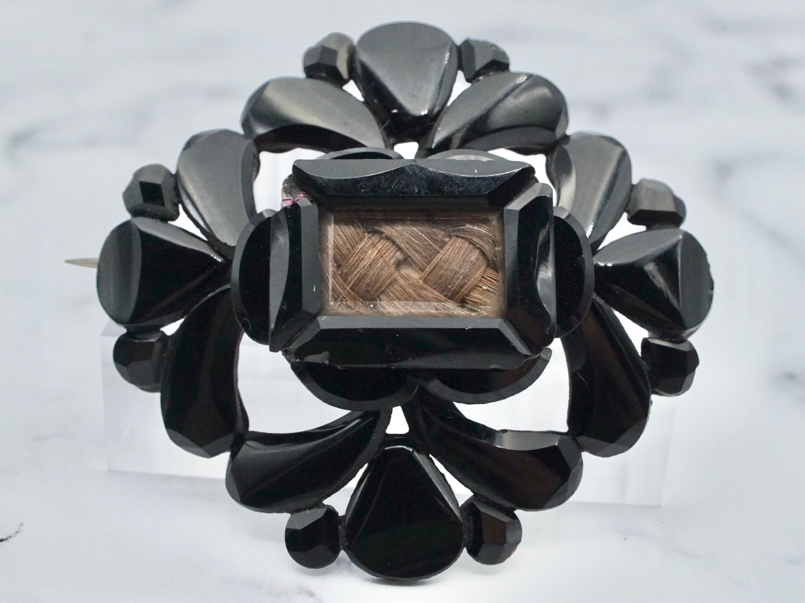 Antique Victorian French jet and woven hair mourning brooch