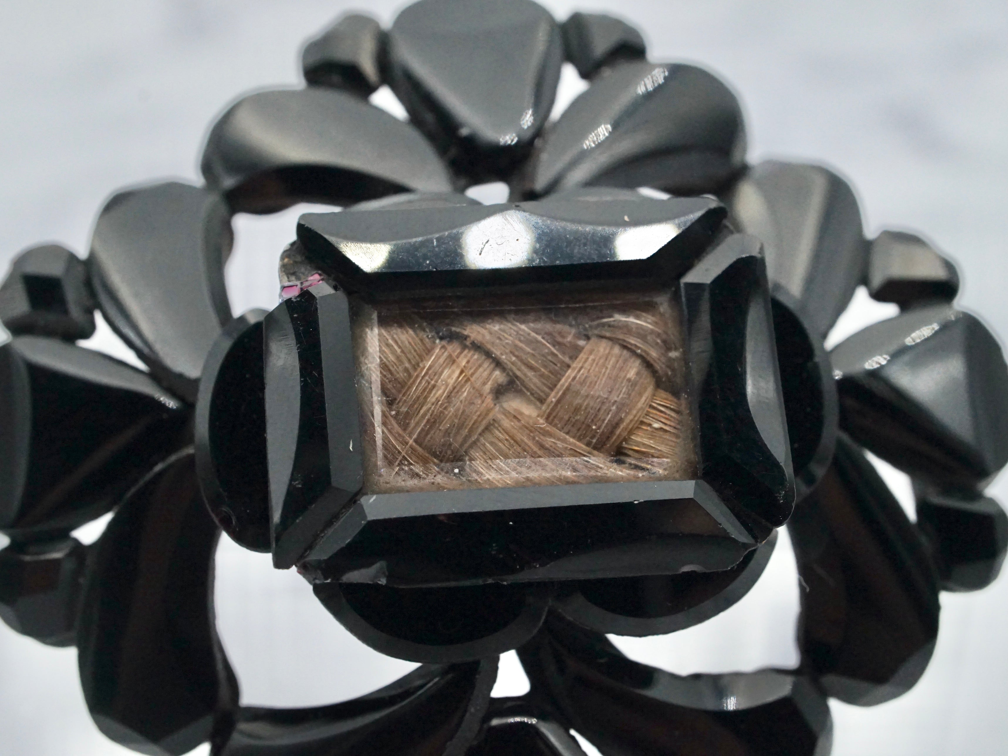 Antique Victorian French jet and woven hair mourning brooch