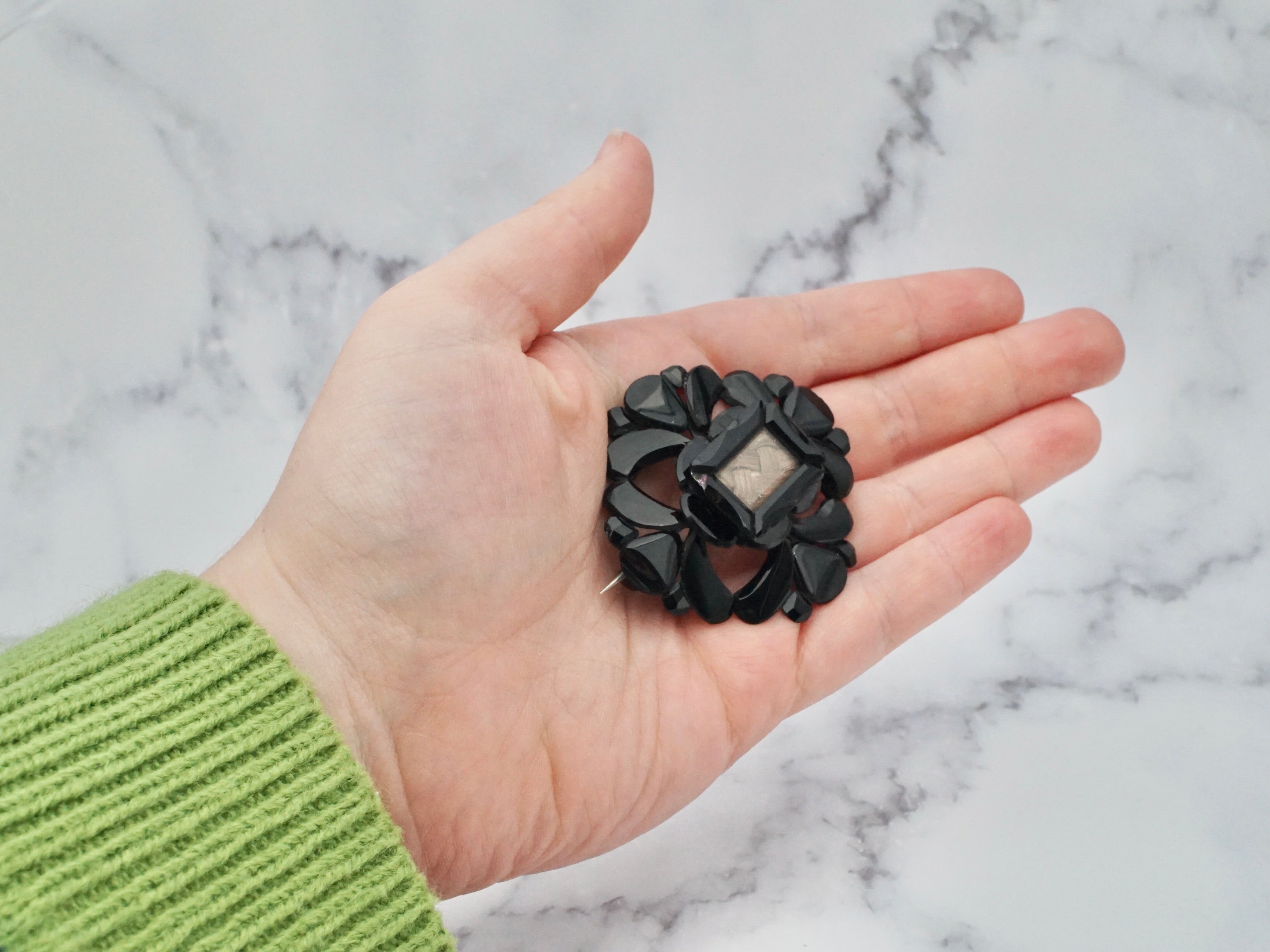 Antique Victorian French jet and woven hair mourning brooch