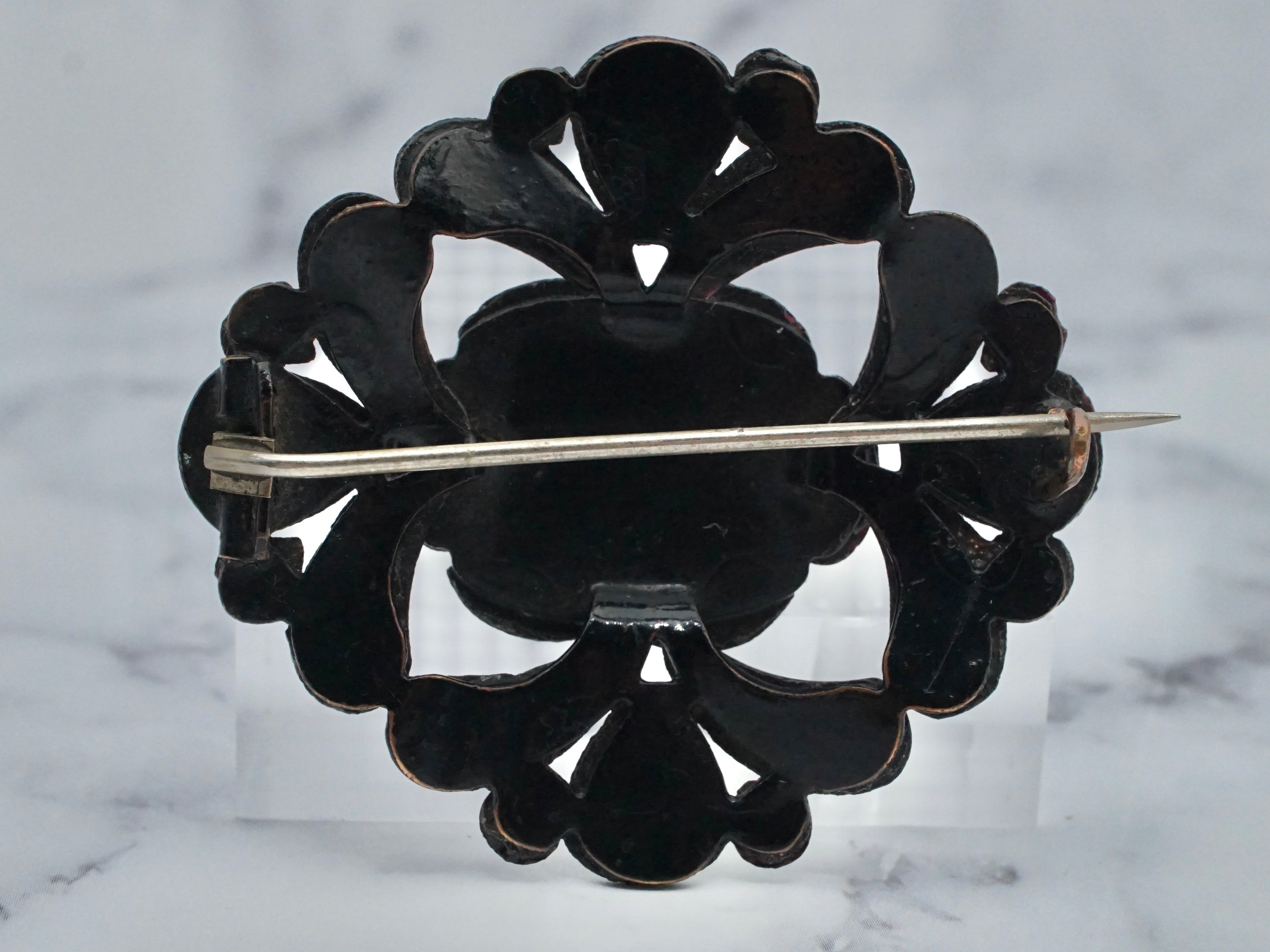 Antique Victorian French jet and woven hair mourning brooch