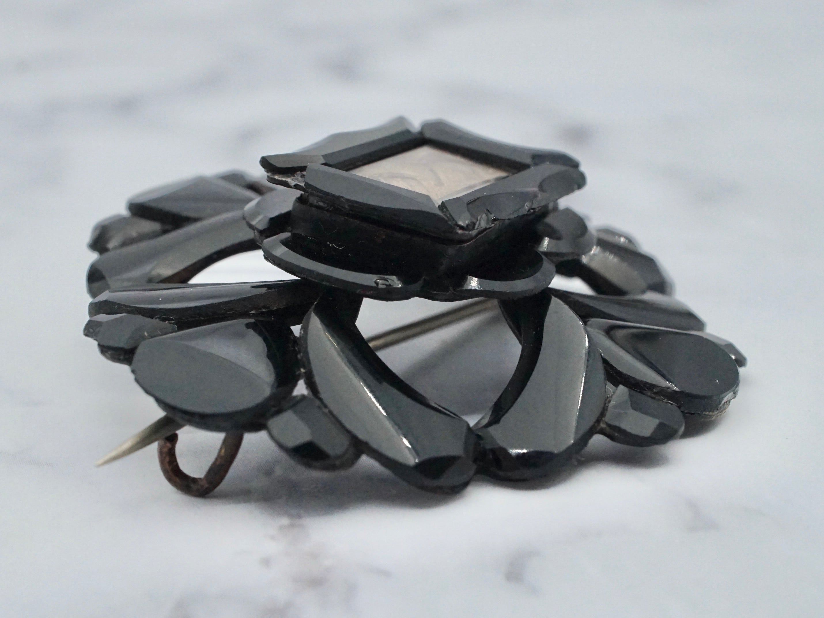 Antique Victorian French jet and woven hair mourning brooch