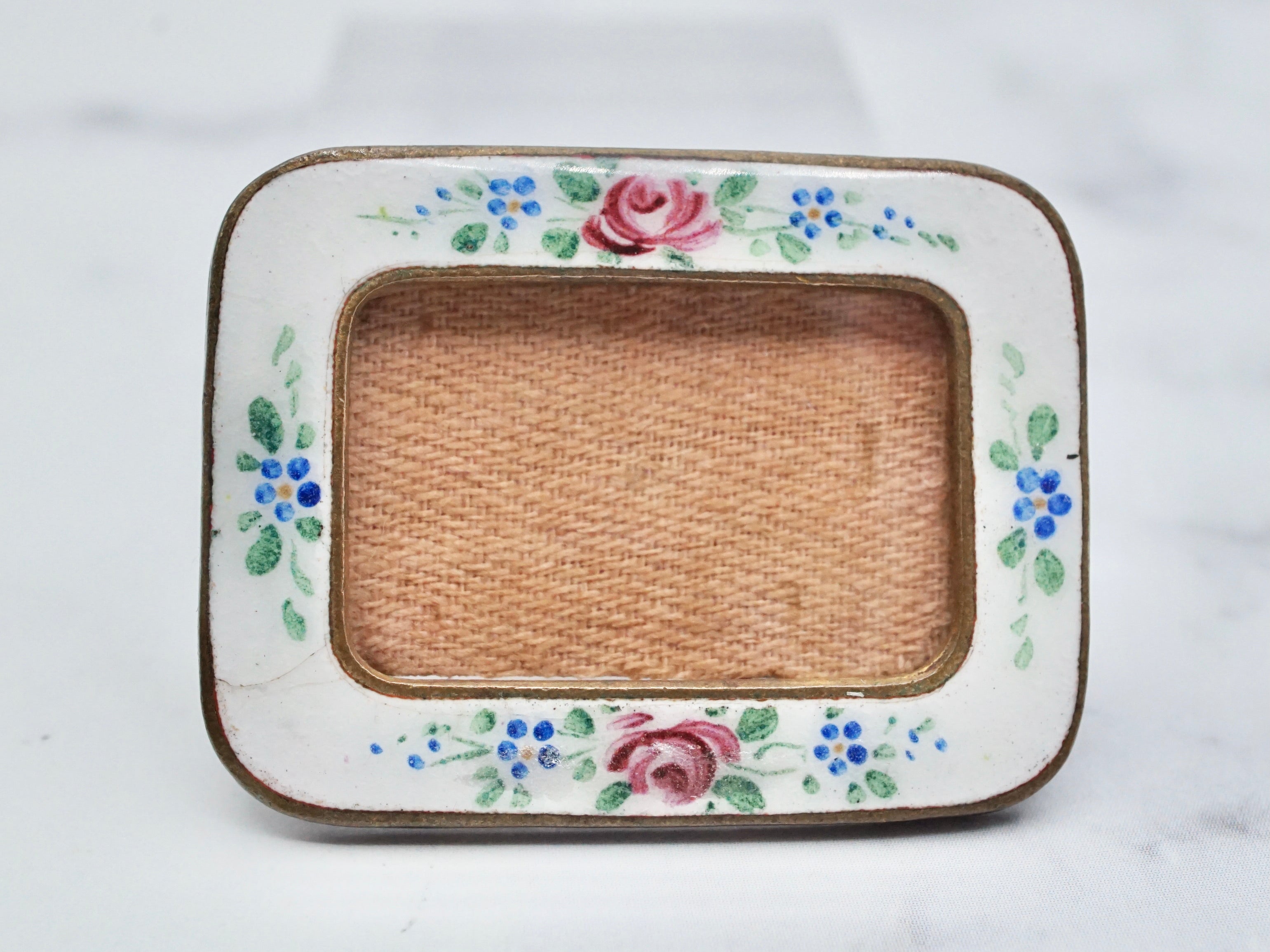 Antique hand-painted enamel and gilt metal frame brooch