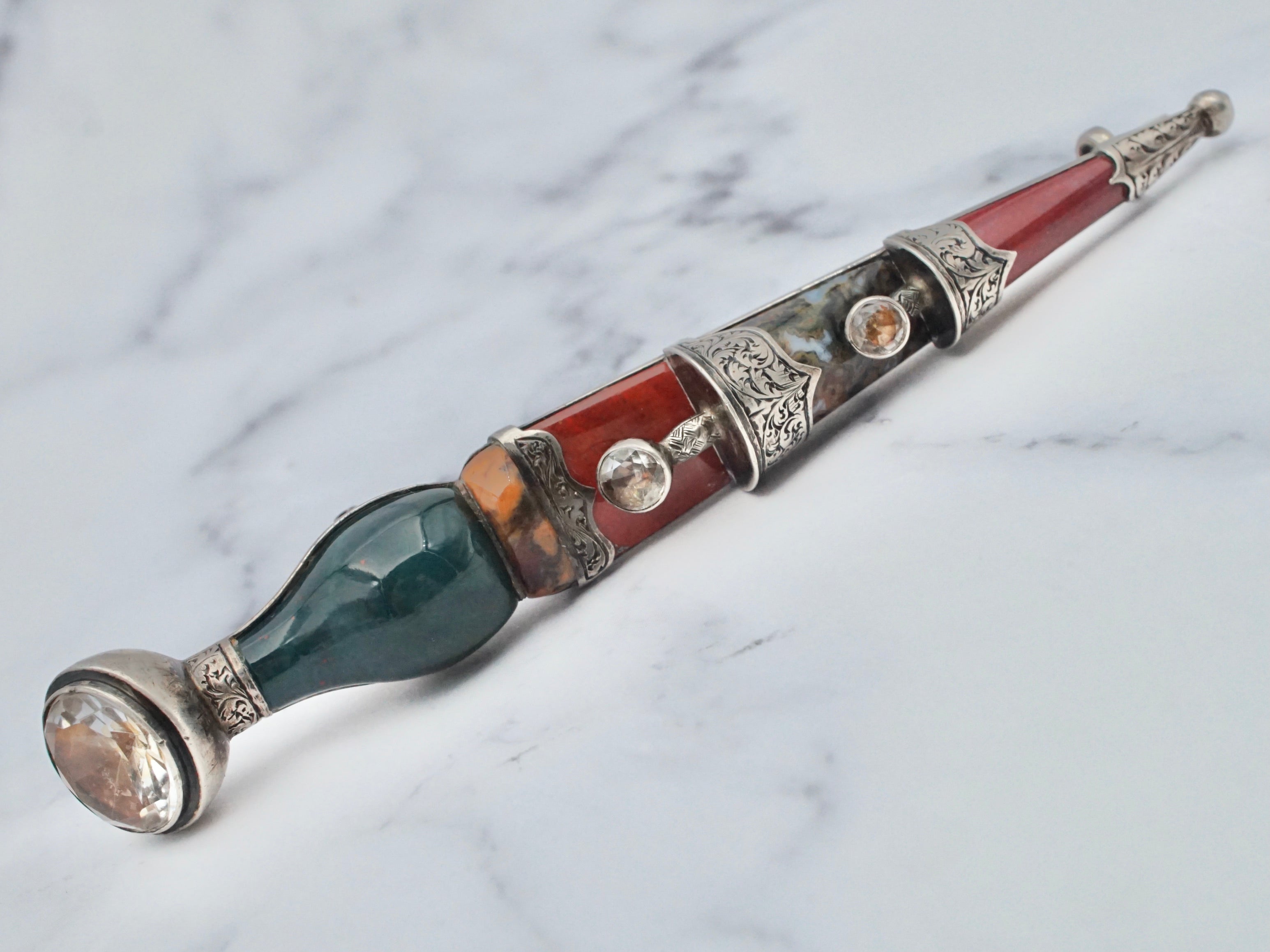 Late 1800s James Aitchison English sterling, jasper, and quartz large dirk dagger pin