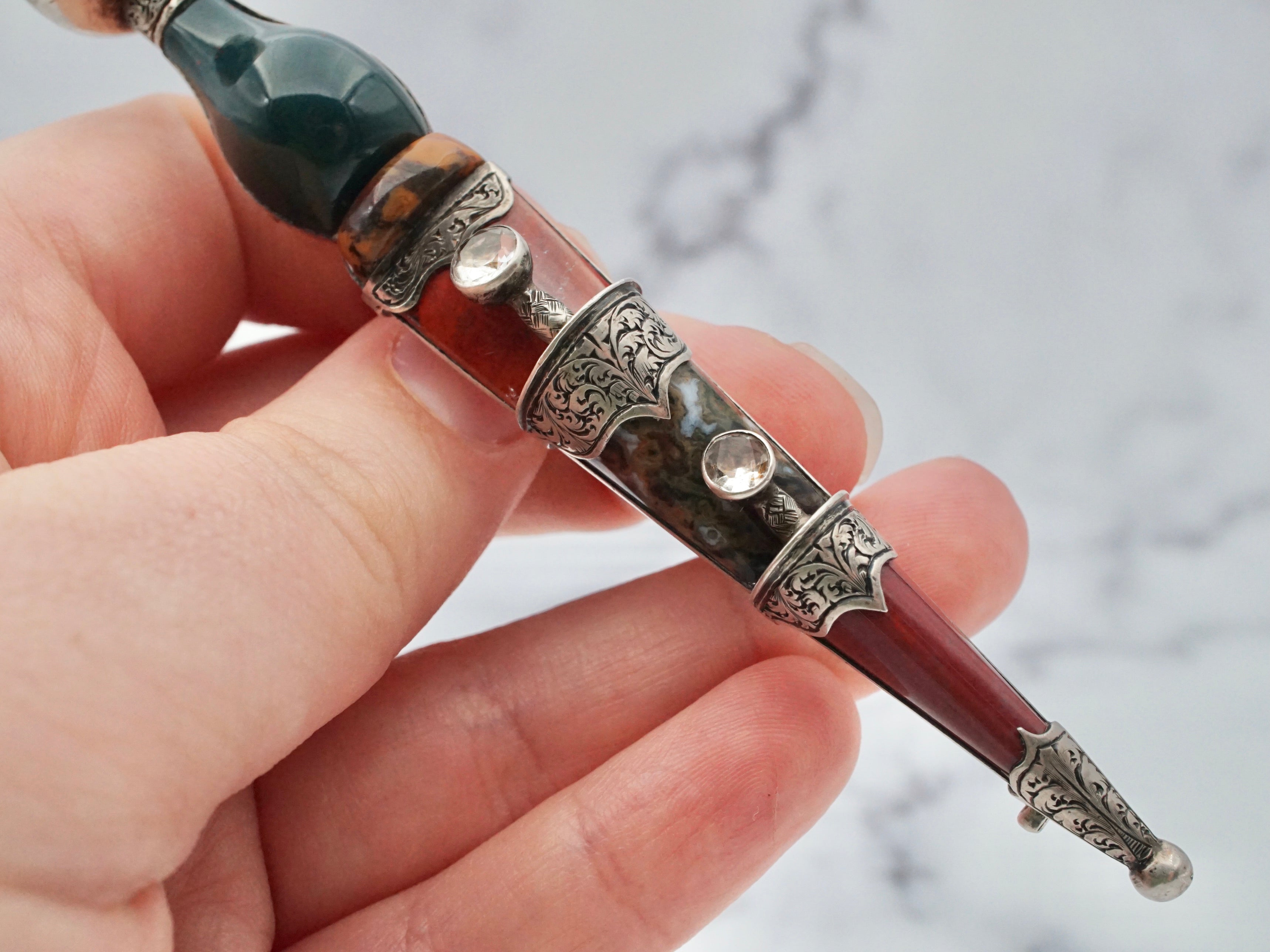 Late 1800s James Aitchison English sterling, jasper, and quartz large dirk dagger pin