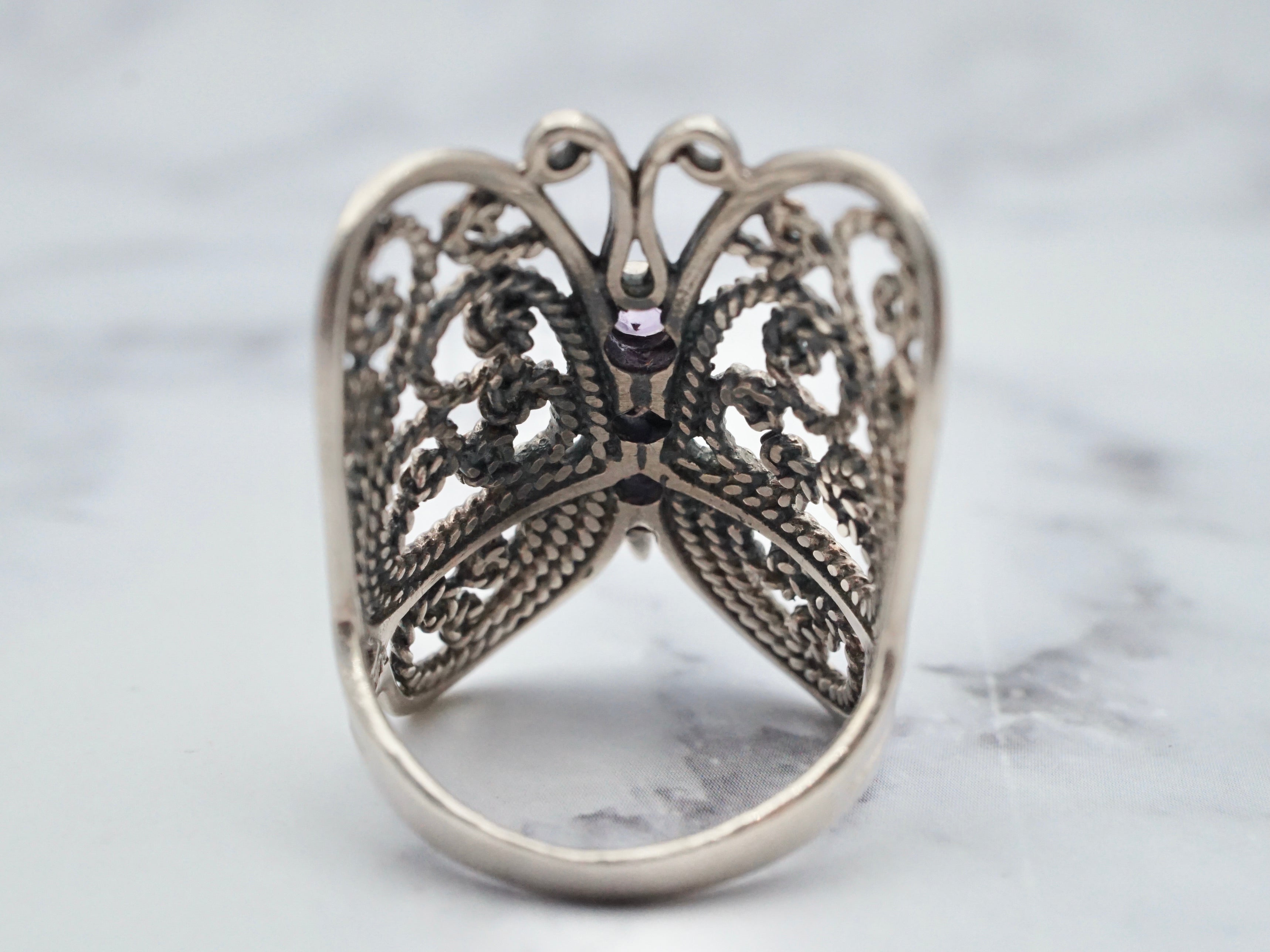 Vintage sterling filigree and amethyst butterfly ring, size 8