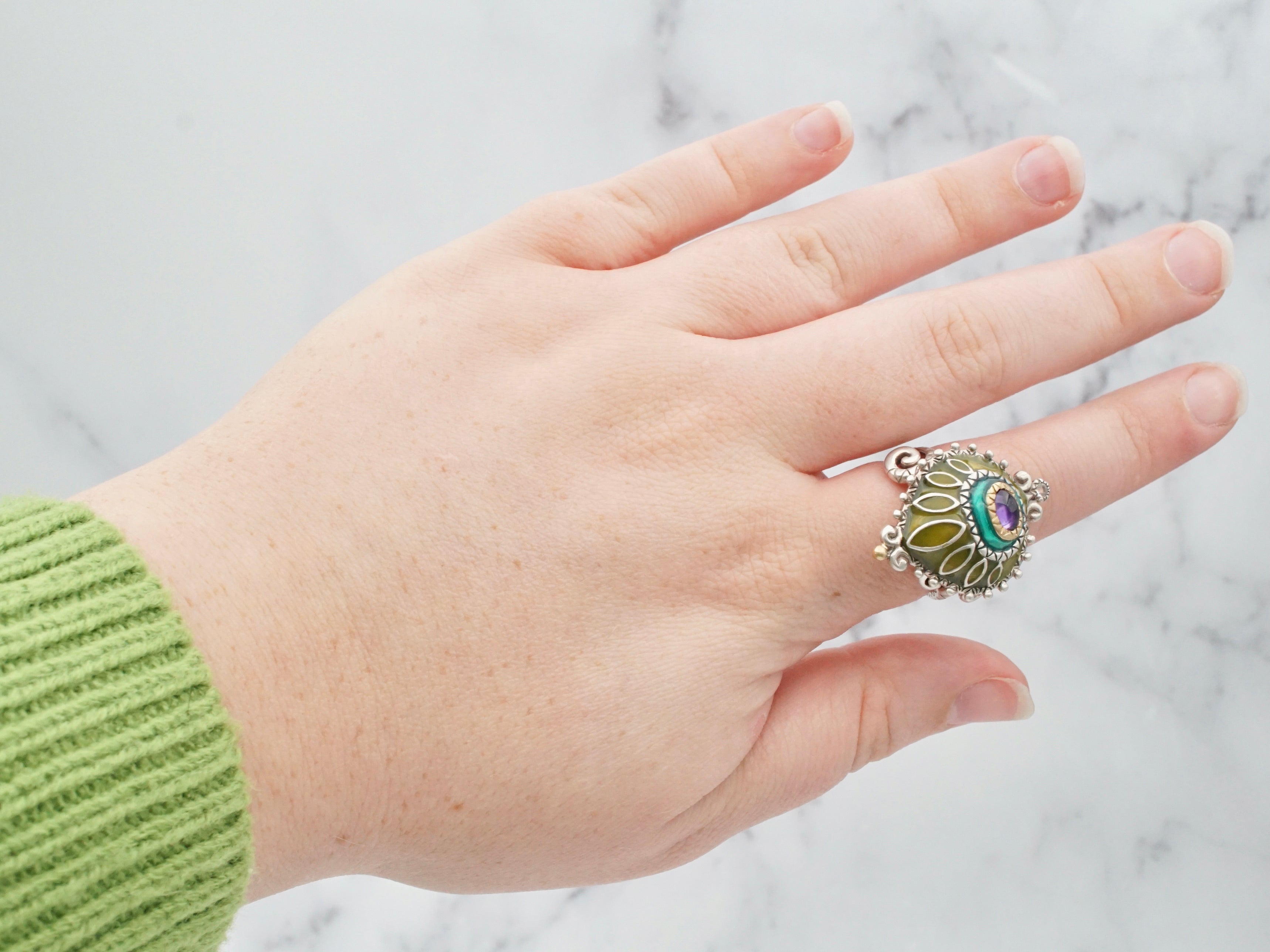 Impressive vintage Barbara Bixby sterling and 18k gold enameled ring with amethyst accent