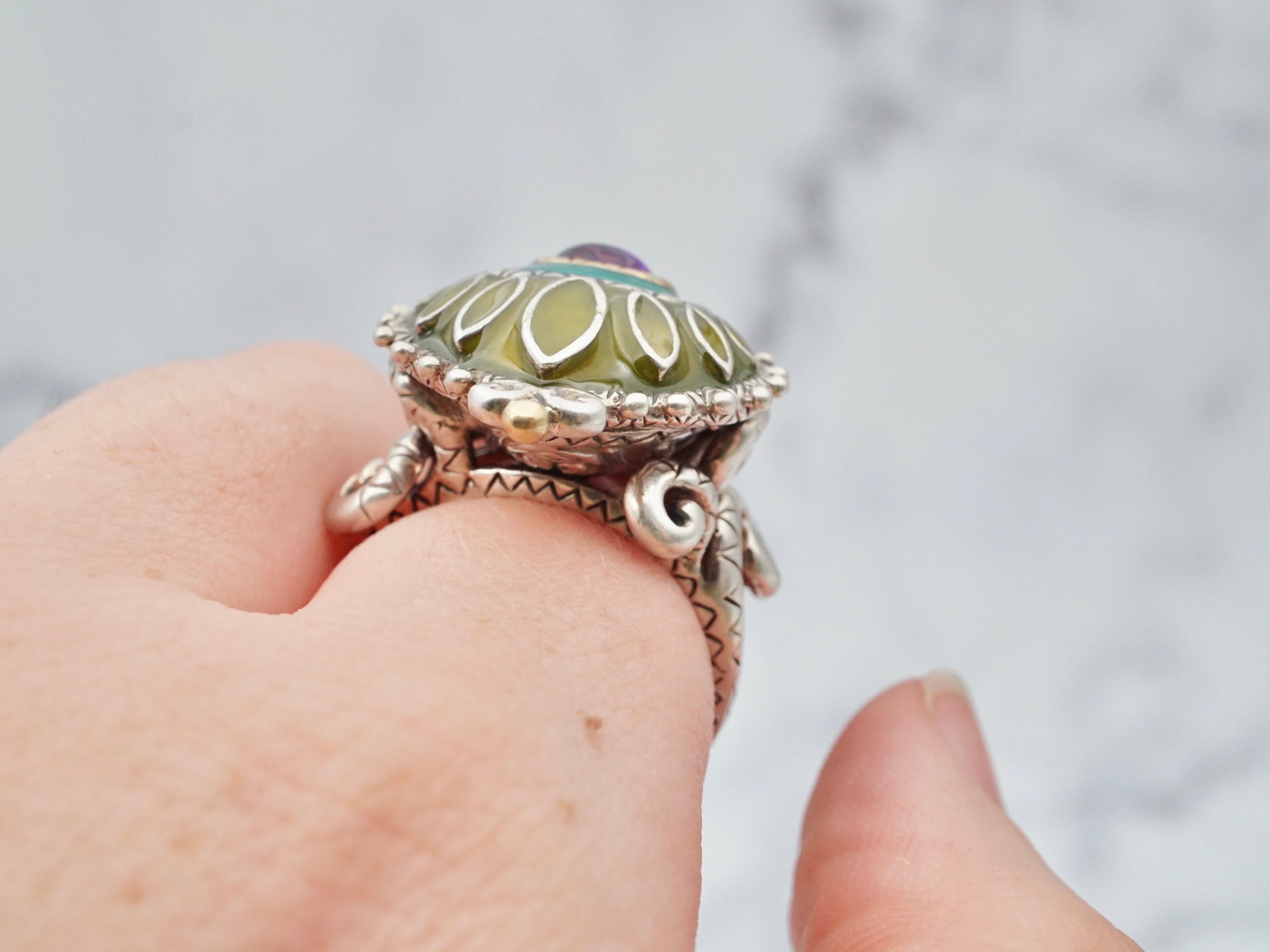 Impressive vintage Barbara Bixby sterling and 18k gold enameled ring with amethyst accent