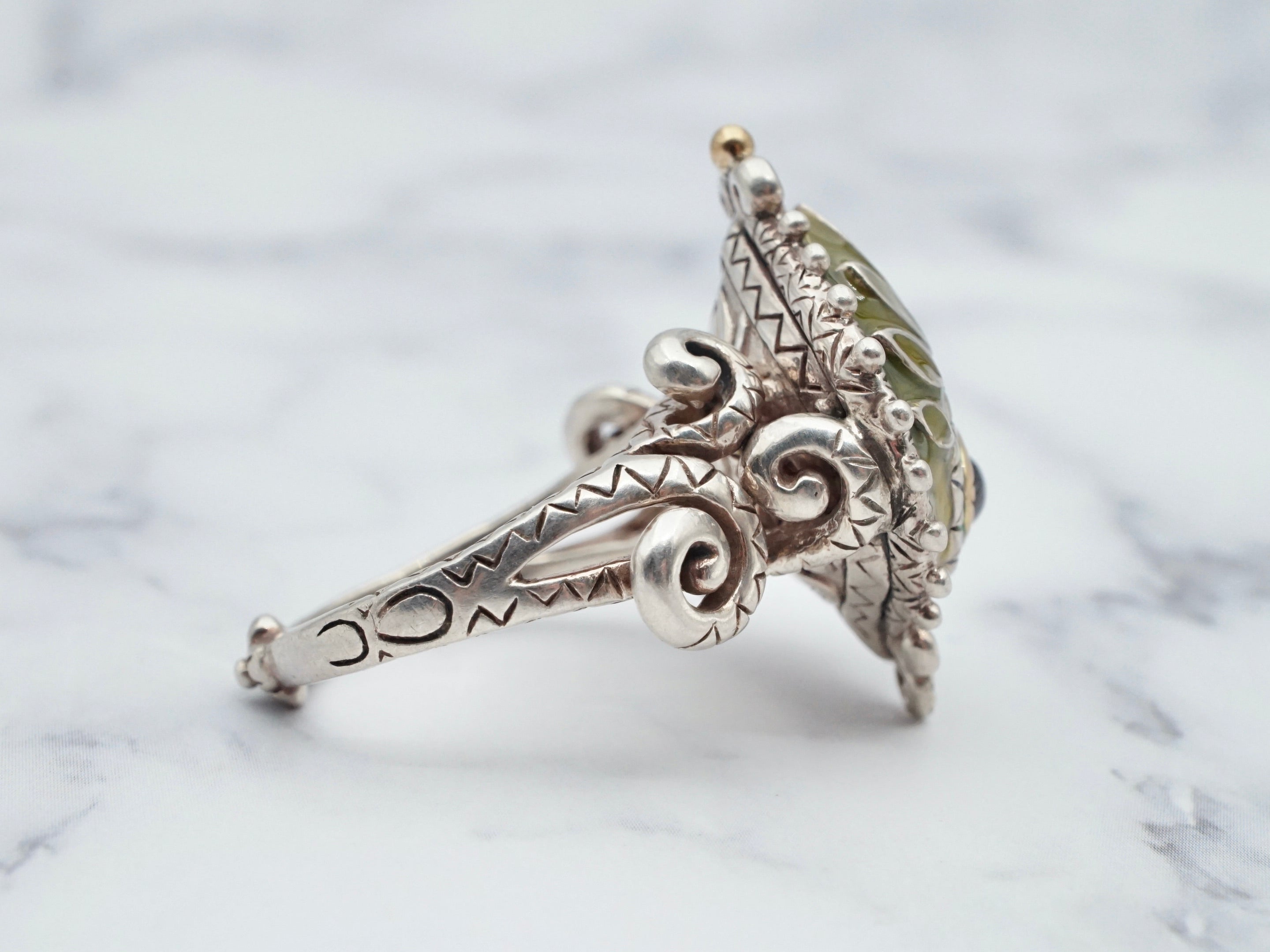 Impressive vintage Barbara Bixby sterling and 18k gold enameled ring with amethyst accent