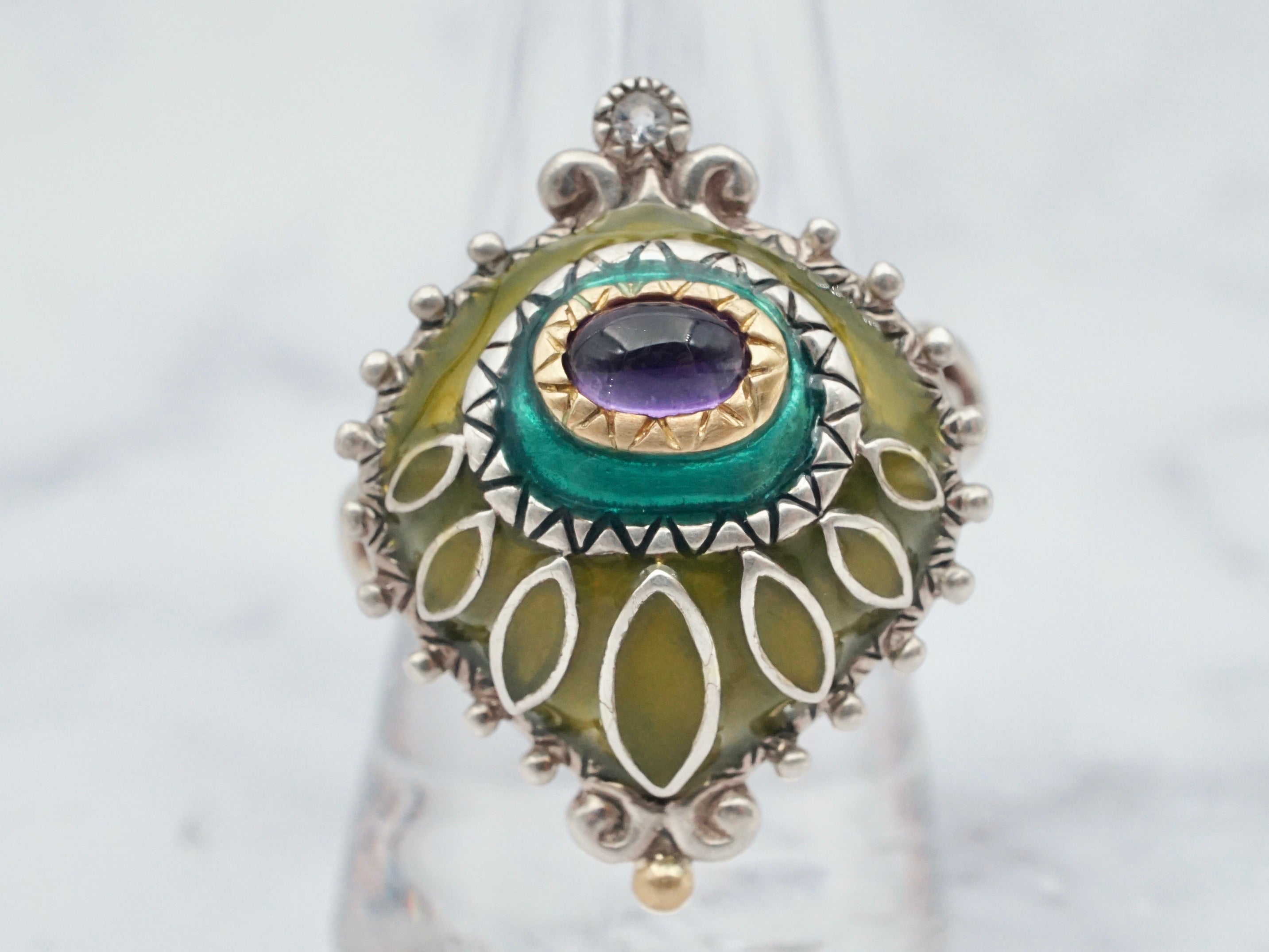 Impressive vintage Barbara Bixby sterling and 18k gold enameled ring with amethyst accent