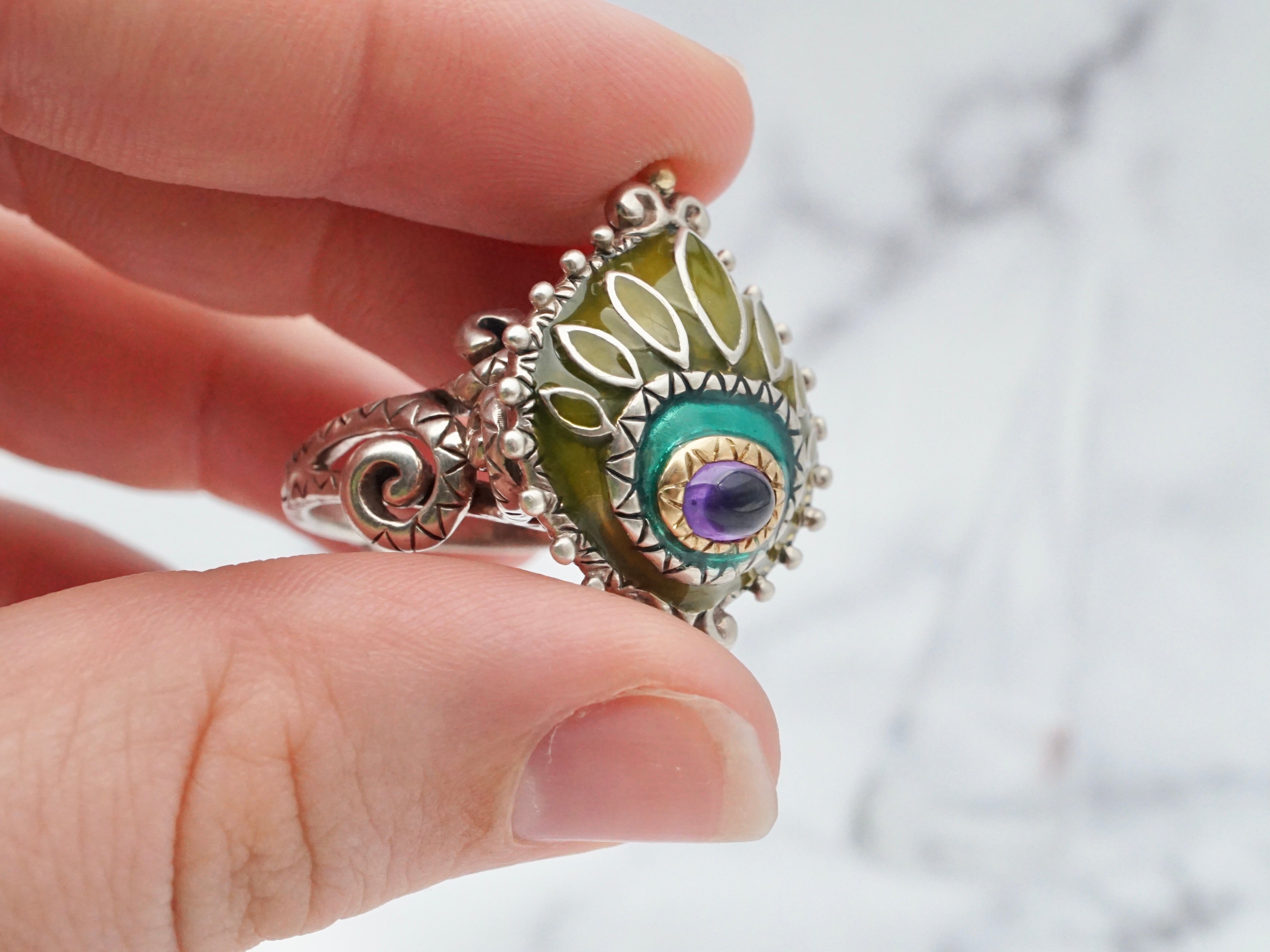 Impressive vintage Barbara Bixby sterling and 18k gold enameled ring with amethyst accent