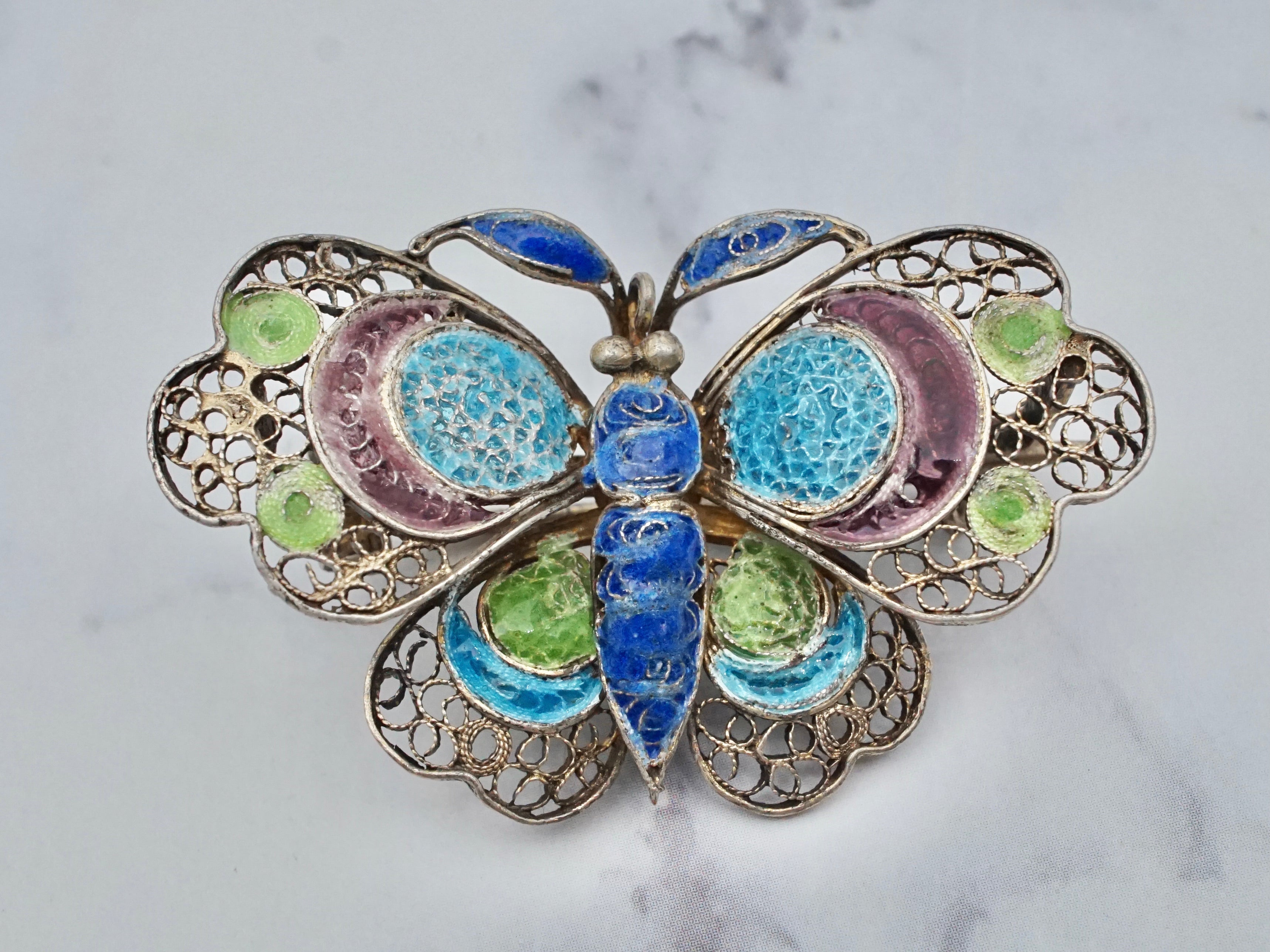Vintage Italian gilt sterling filigree plique-á-jour enamel butterfly brooch