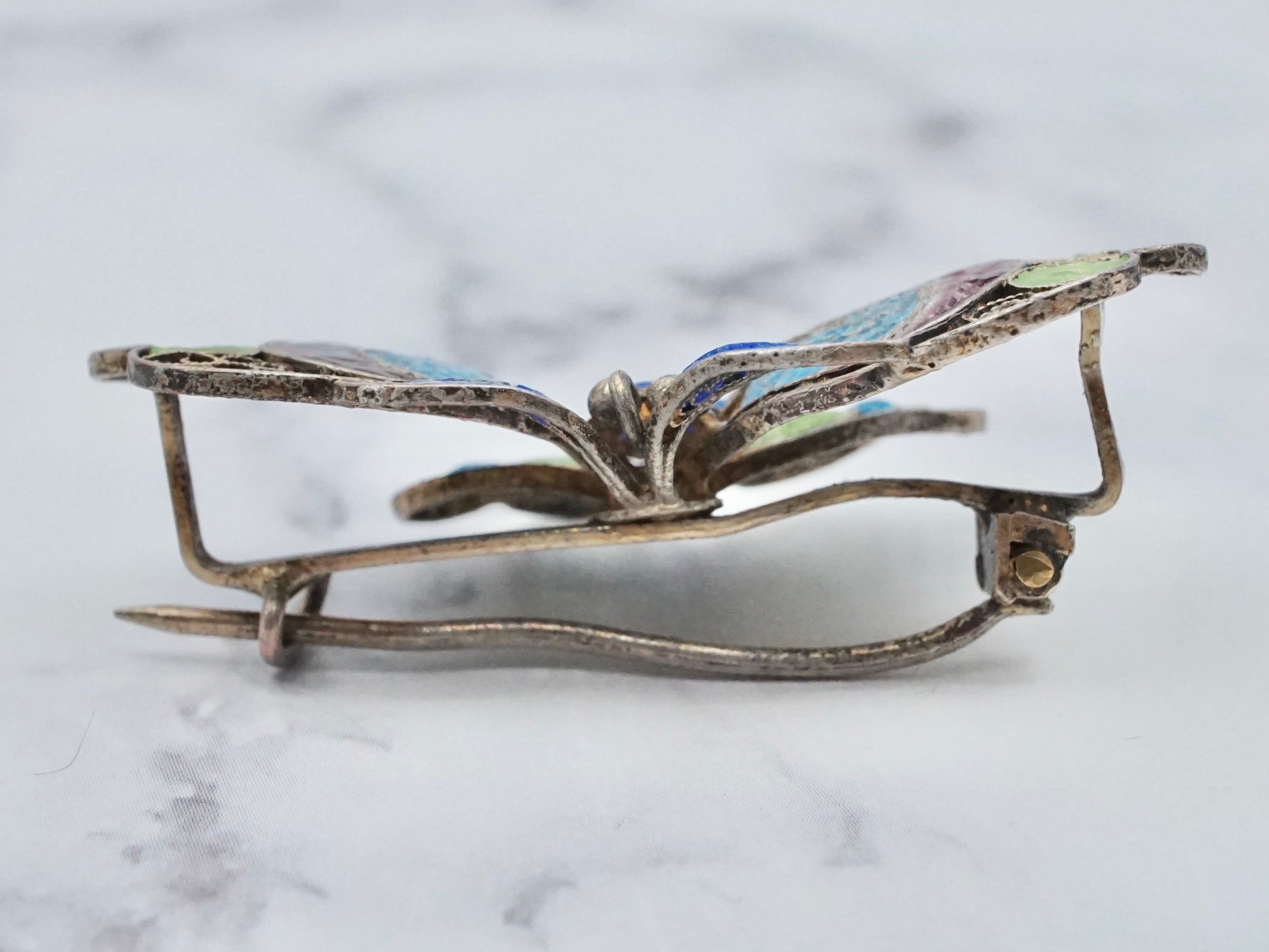 Vintage Italian gilt sterling filigree plique-á-jour enamel butterfly brooch