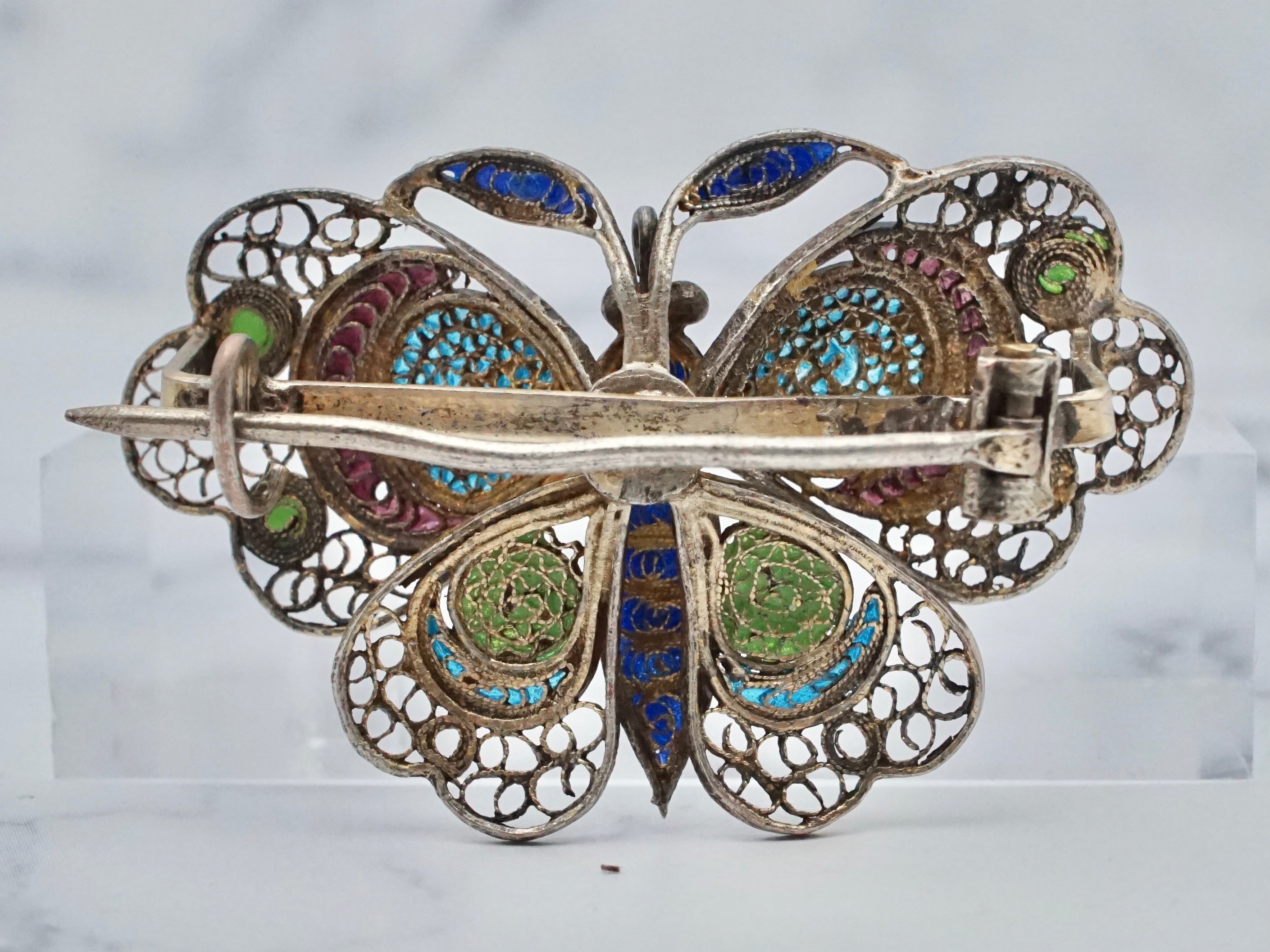 Vintage Italian gilt sterling filigree plique-á-jour enamel butterfly brooch