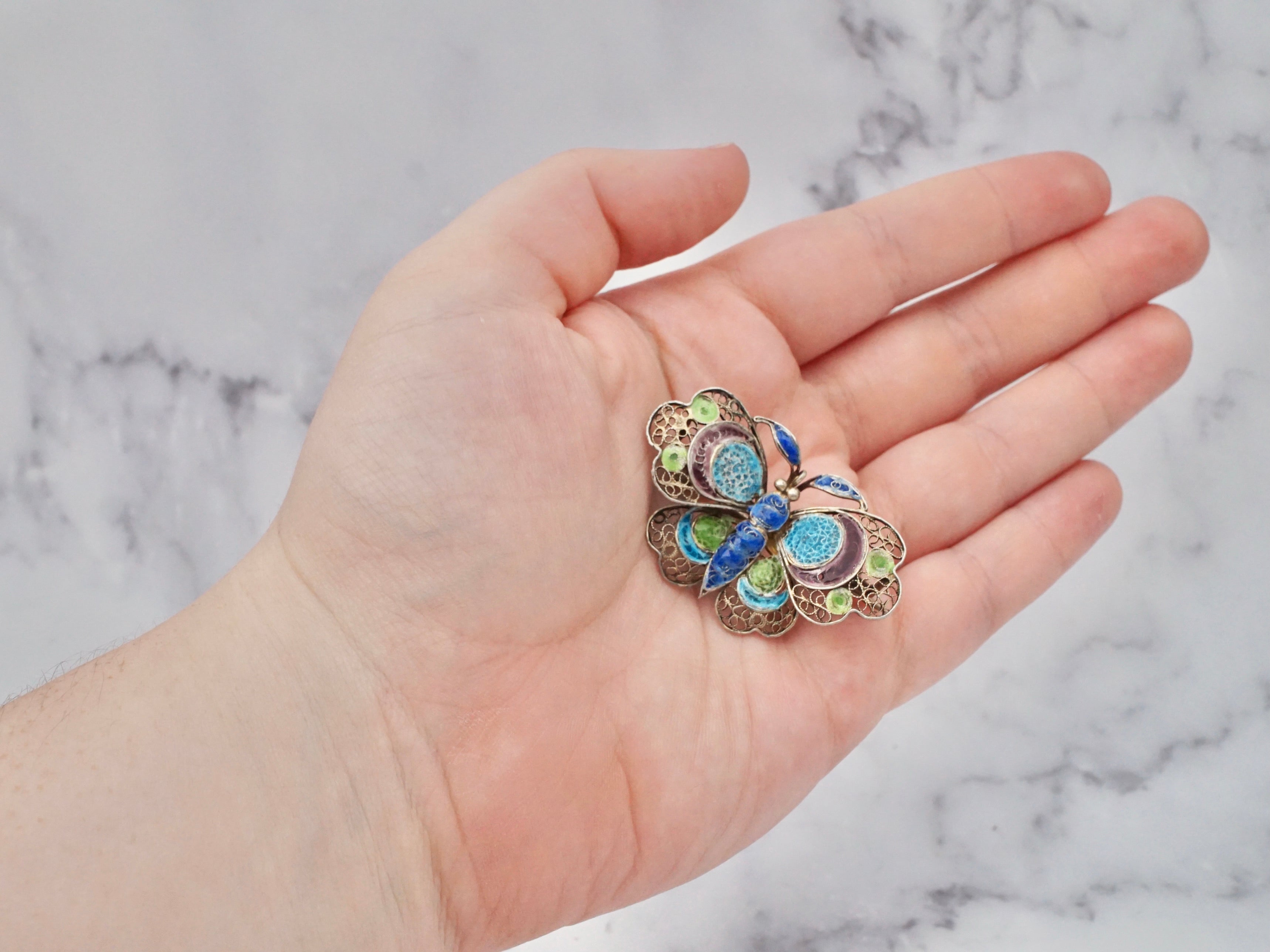 Vintage Italian gilt sterling filigree plique-á-jour enamel butterfly brooch