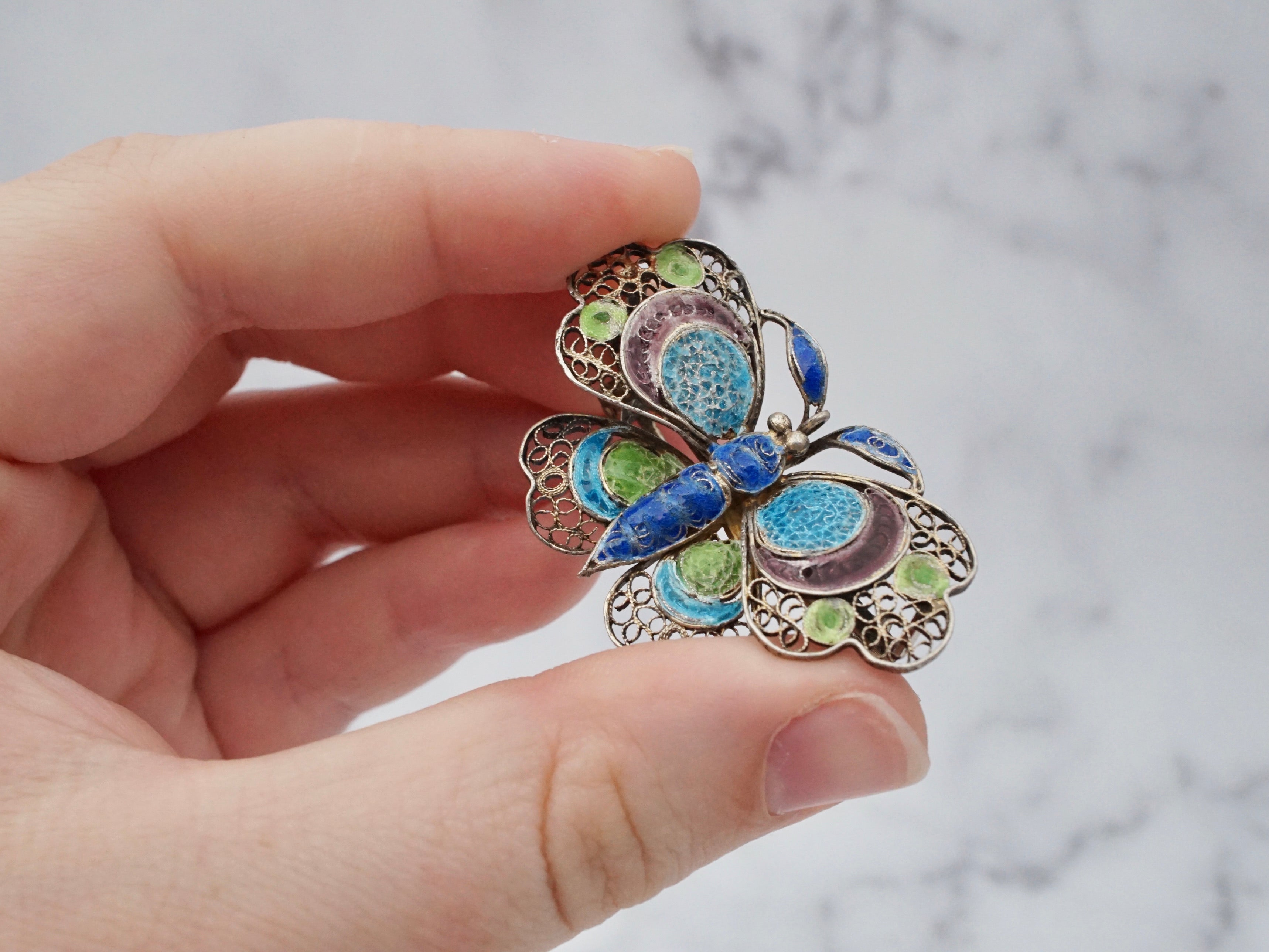 Vintage Italian gilt sterling filigree plique-á-jour enamel butterfly brooch
