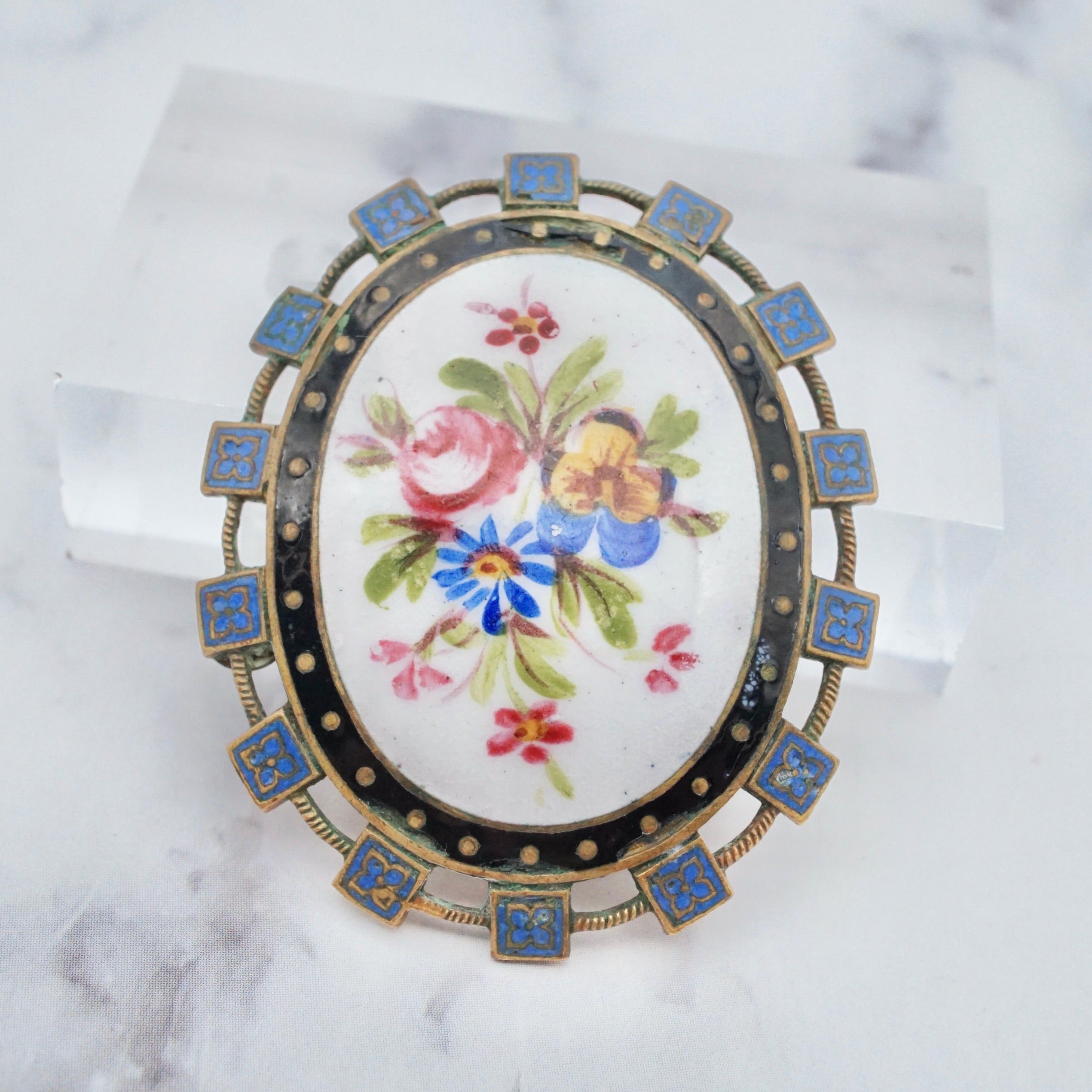 Antique Victorian hand-painted enamel and gilt metal brooch