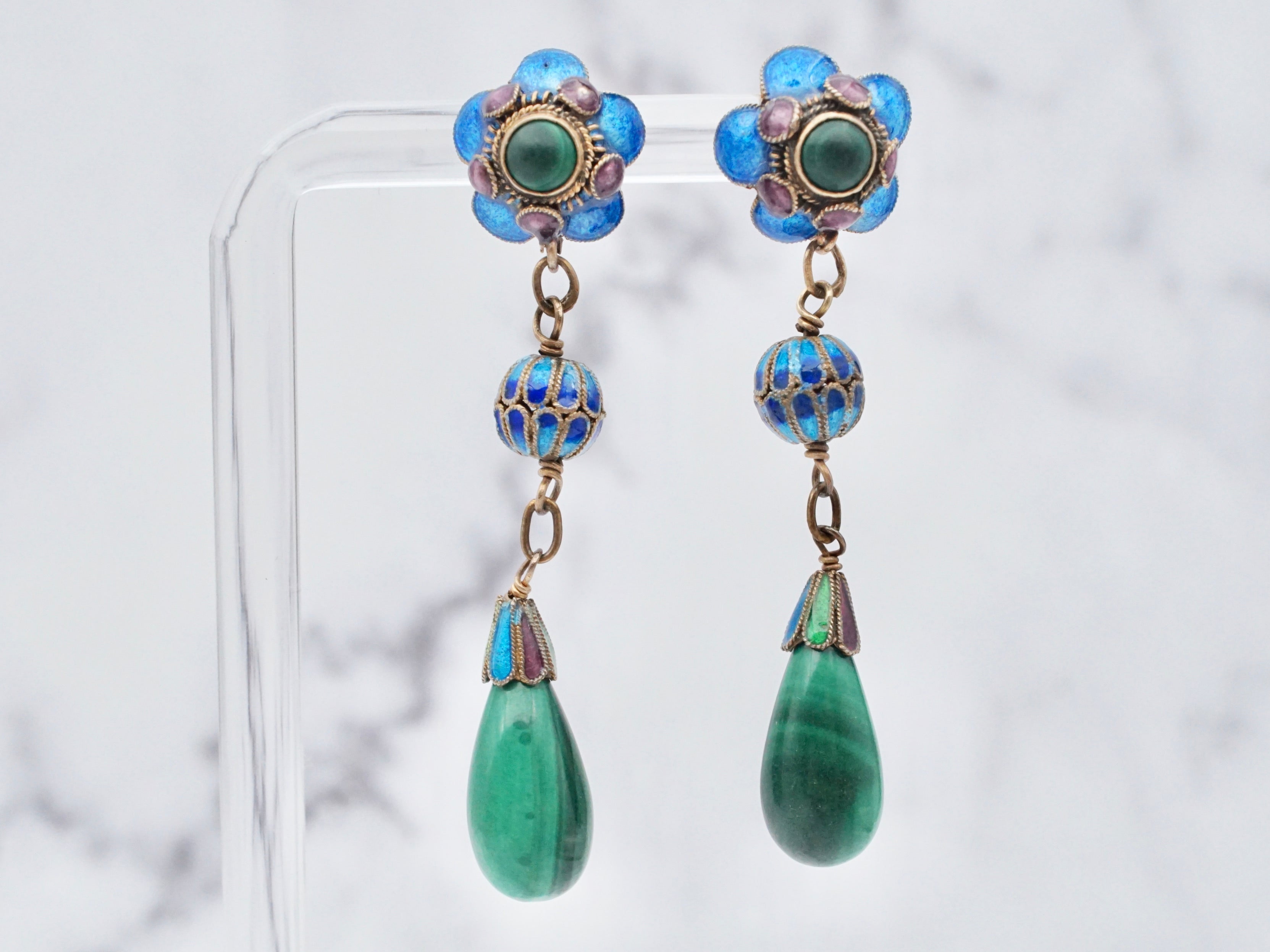 Vintage gilt sterling and Chinese cloisonné enamel malachite drop earrings